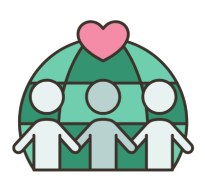 Stylized globe with interconnected white human icons holding hands and a pink heart above.
