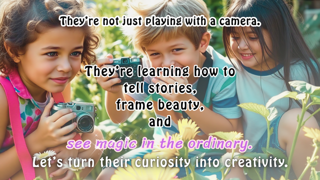 Three children outdoors, two girls and a boy, holding cameras and smiling, surrounded by yellow flowers and greenery.