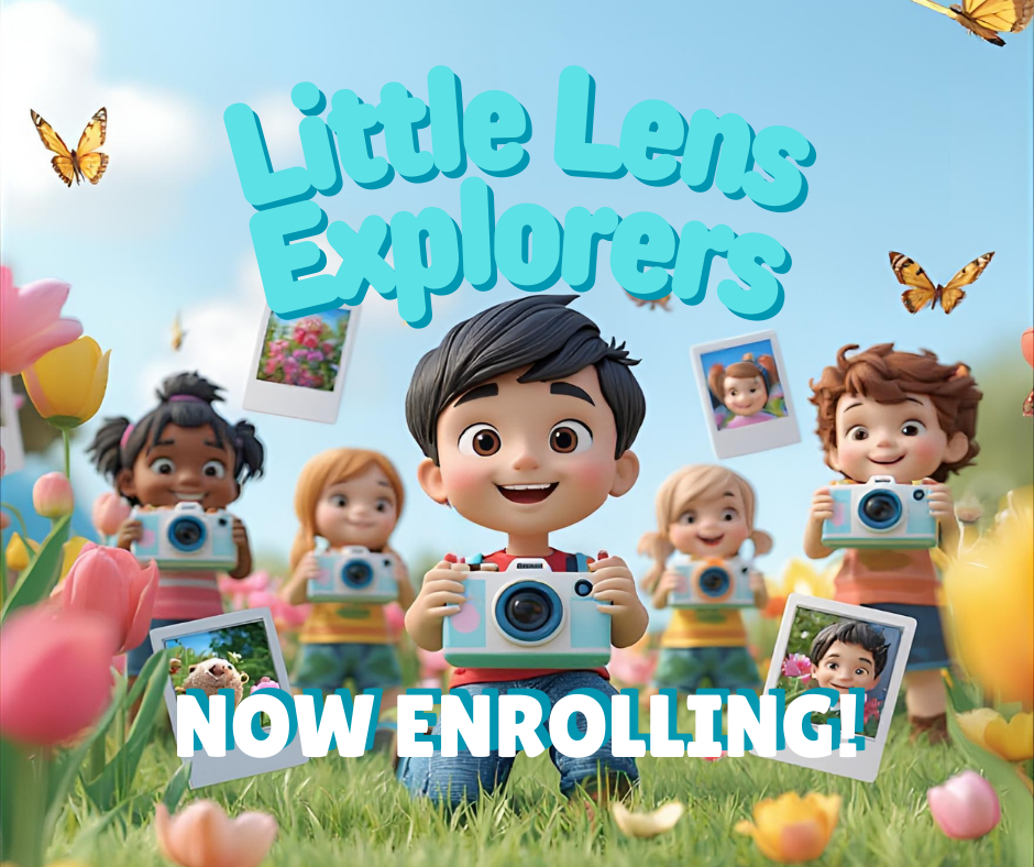 Animated children with cameras in a spring garden. Text says "Little Lens Explorers" and "Now Enrolling!" with flowers, butterflies, and photo prints in the background.