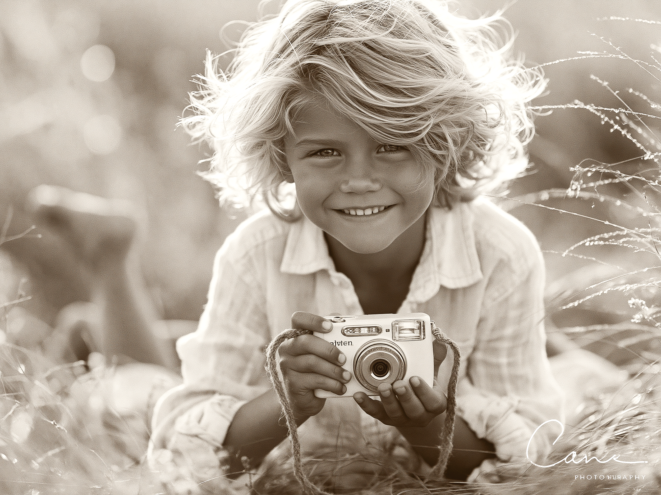LLE - Boy laying in a field holding a camera