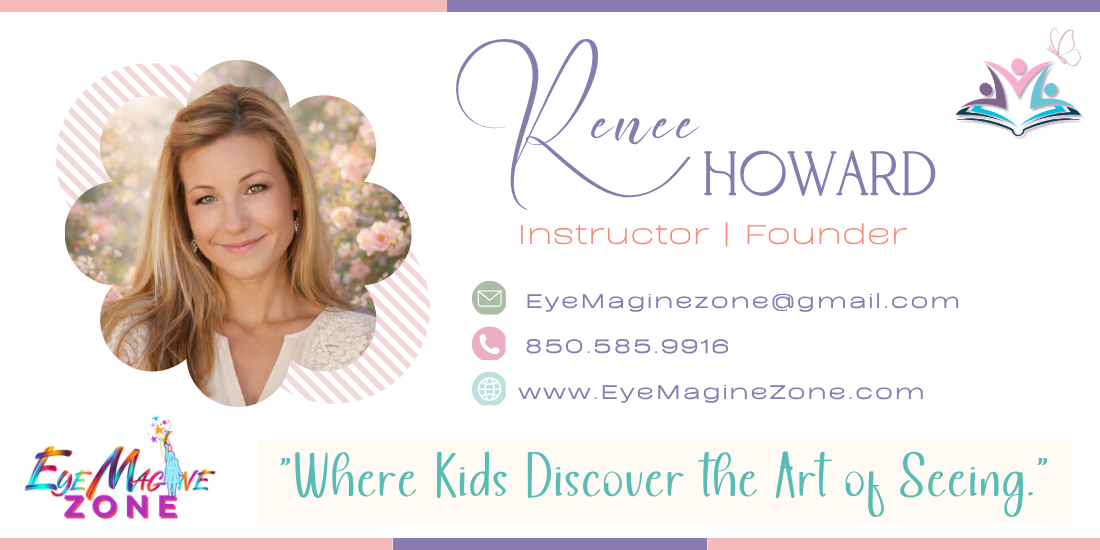 Business card for Kence Howard, an instructor and founder at EyeMagine Zone. Features her photo, contact info, logo, and slogan 'Where Kids Discover the Art of Seeing.'