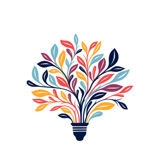 Colorful abstract illustration of a lightbulb with vibrant, multicolored leaves and shapes emerging from the top.