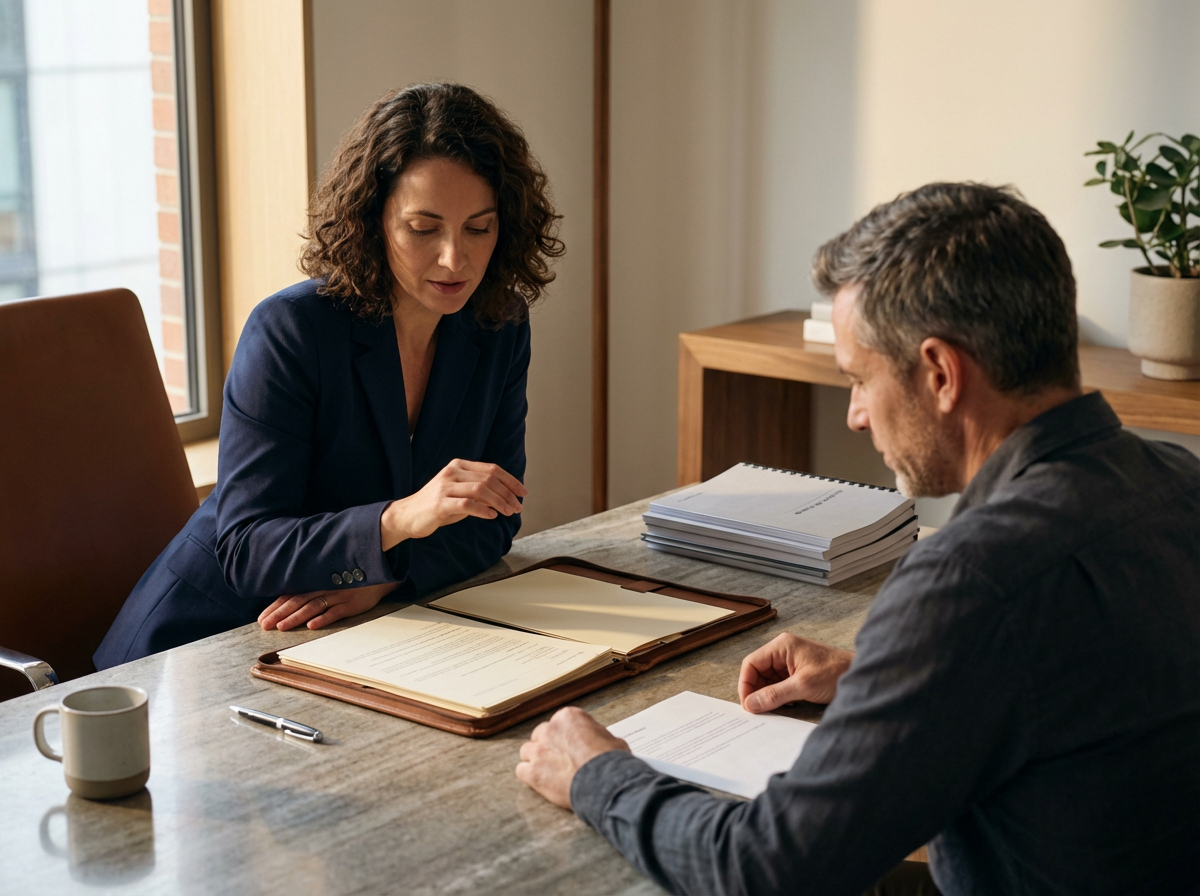 A woman and a man sit across from each other at a wooden table in an office, reviewing documents. The woman is wearing a navy blazer, and the man has gray hair and a beard. There are stacks of paper and a notebook on the table.