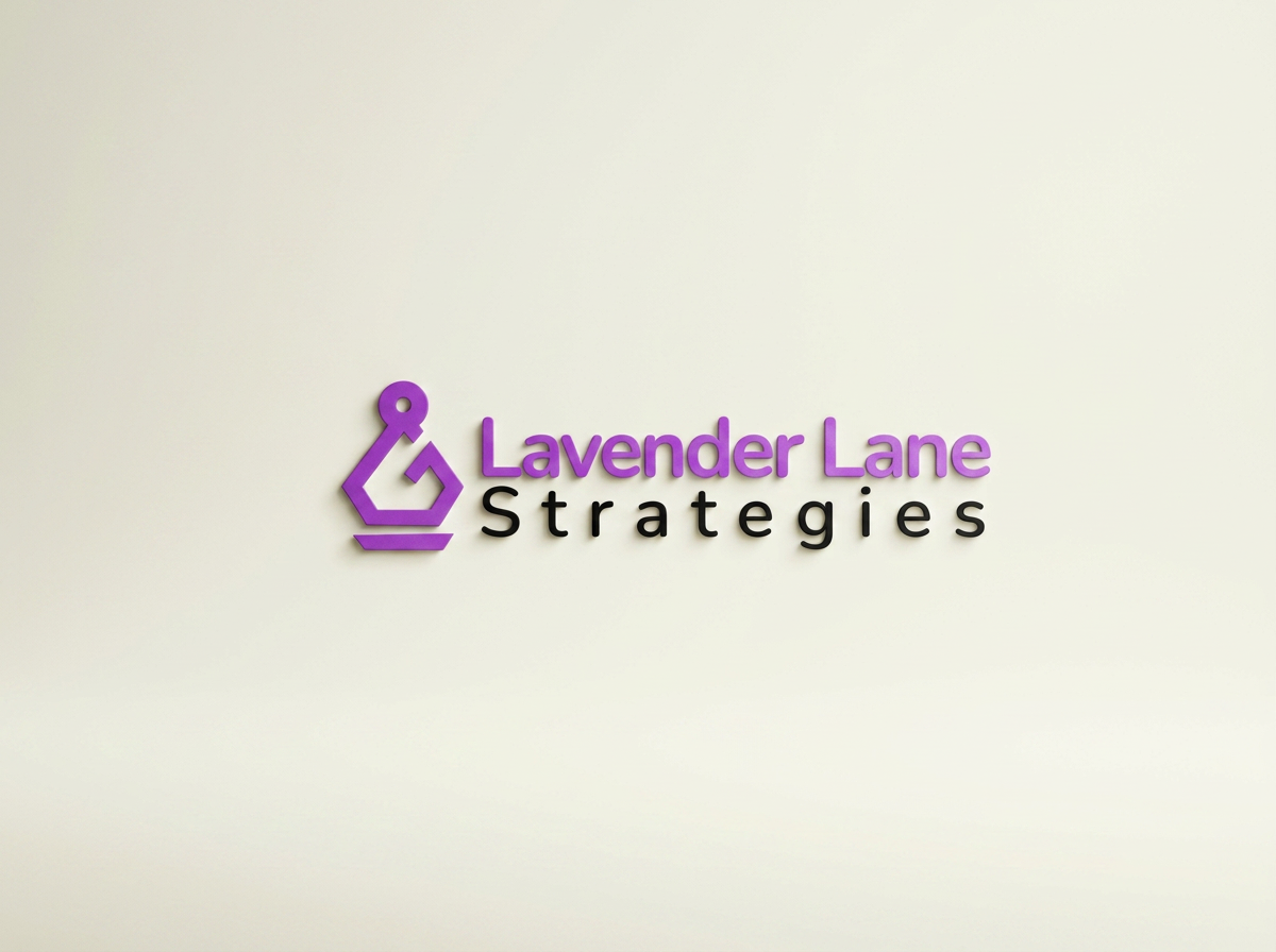 Business sign reading 'Lavender Lane Strategies' with a purple geometric logo on a white wall. A strategic supply chain company providing government contracting services.
