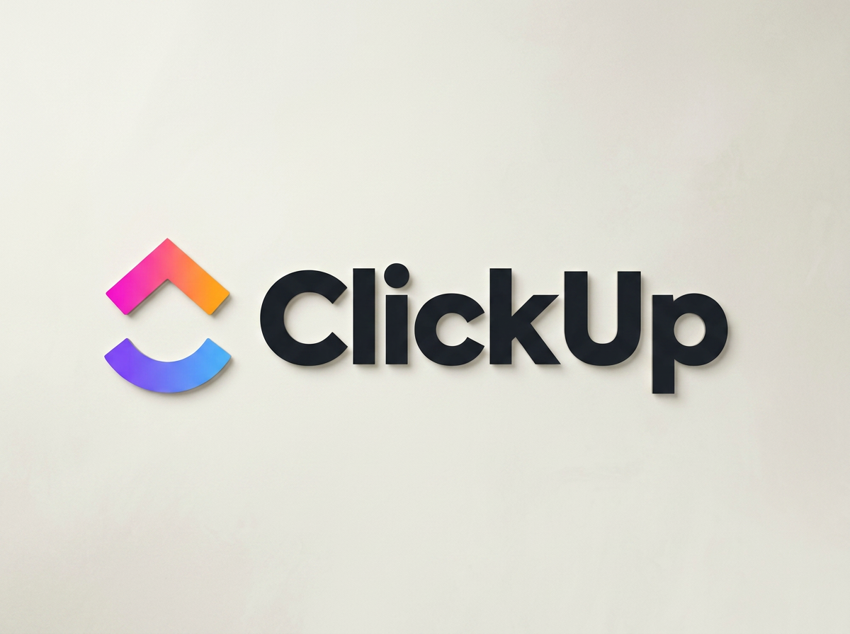 Logo of ClickUp, with a colorful upward-pointing arrow and a smiling face, next to the black text 'ClickUp' on a plain white wall.
A Project Management software backed by AI