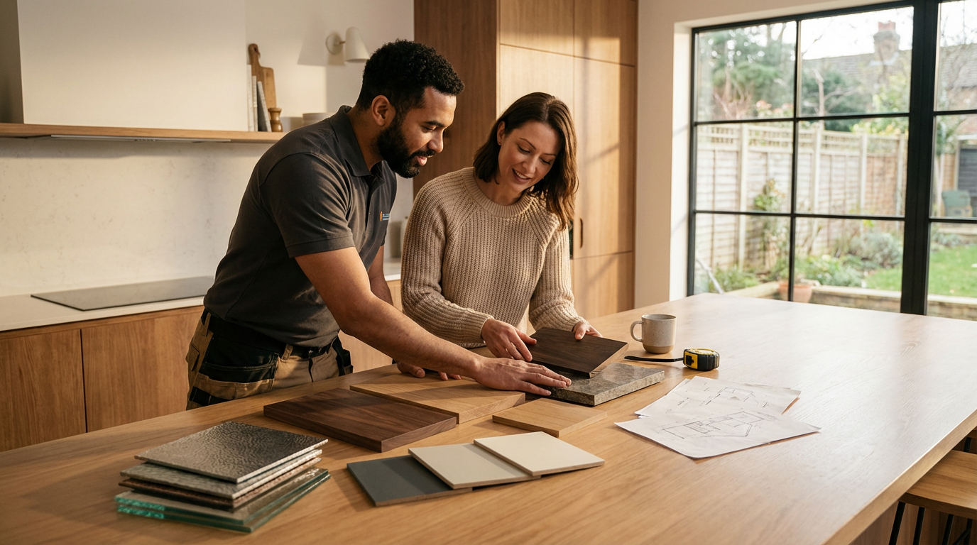 A man and woman examine sample tiles and wood pieces at a large wooden kitchen island with design plans and color samples. Sunlight pours in through a large window.