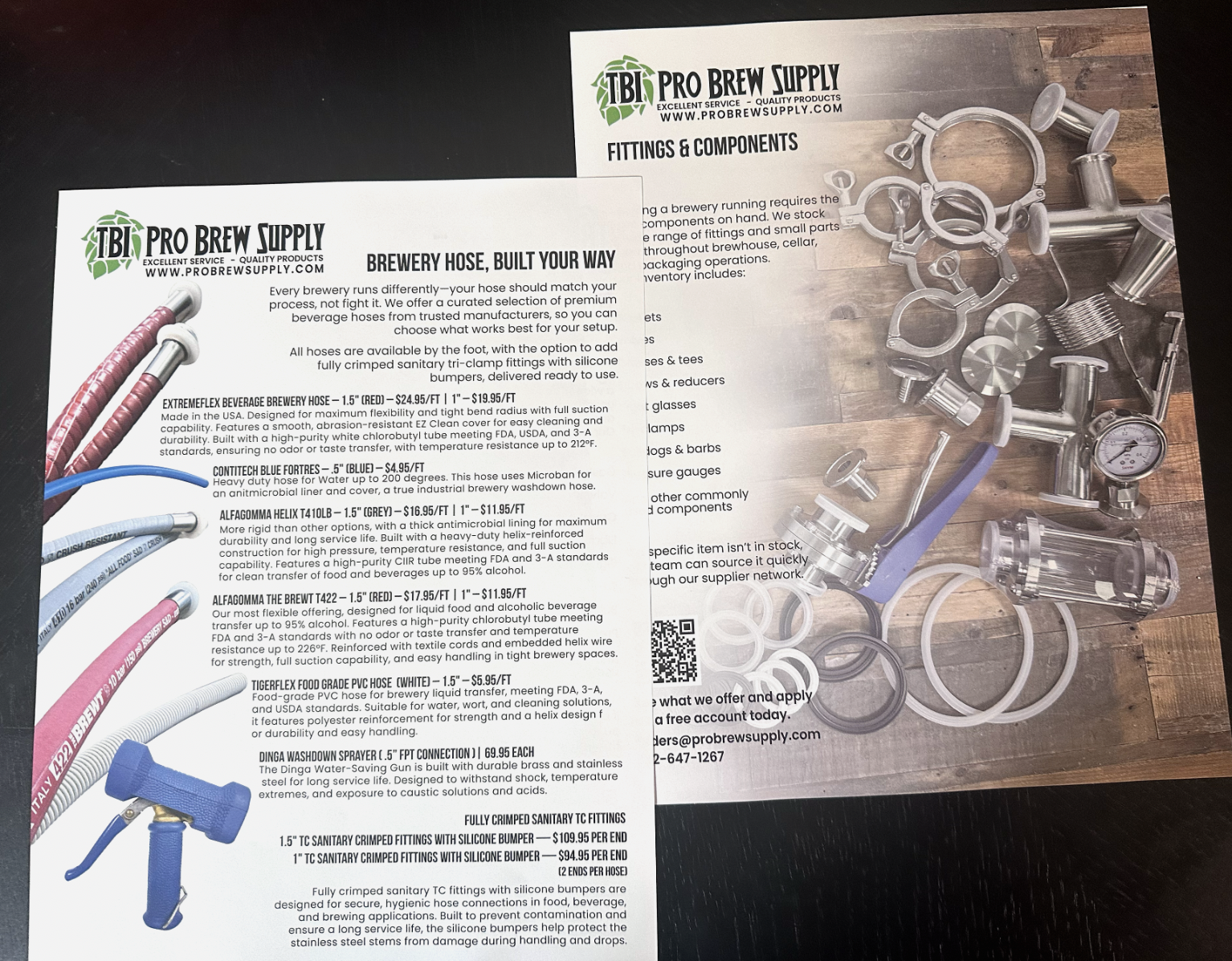 Brochure from Pro Brew Supply displaying brewing equipment components, fittings, tubing, and accessories for breweries.