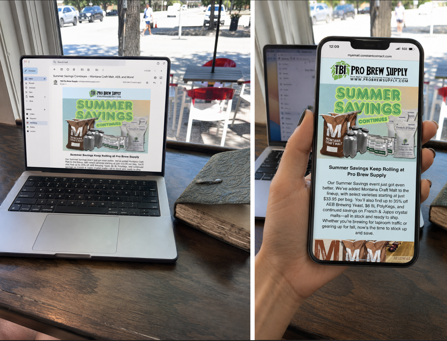 A laptop and a smartphone displaying the same email advertisement about summer savings on brewing supplies from Pro Brew Supply, with a view of an outdoor patio and parked cars outside through the window.
