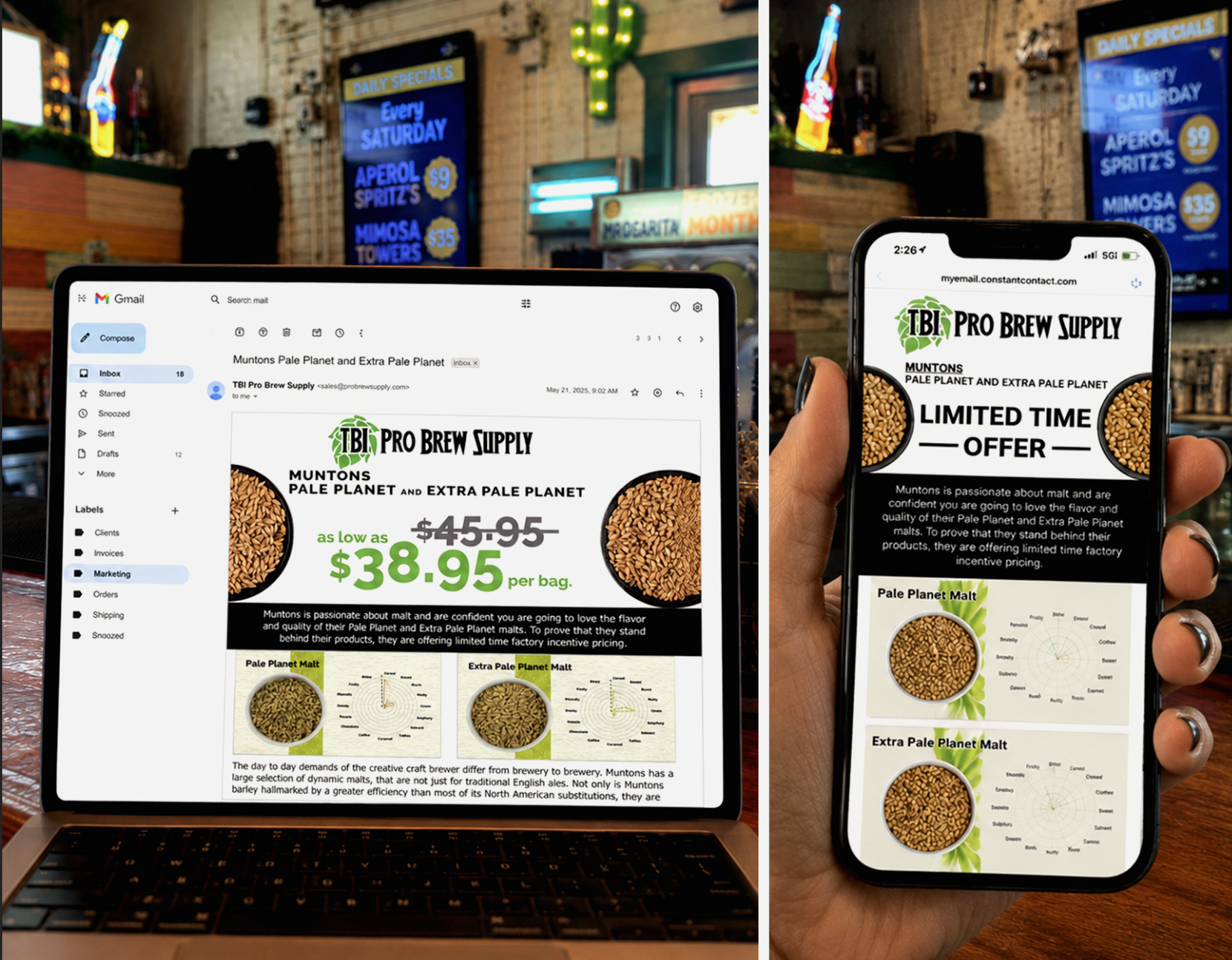 A split image showing a laptop and a smartphone displaying marketing emails for malt products, with a bar in the background that has neon signs, a green cactus decor, and a menu board promoting drinks.