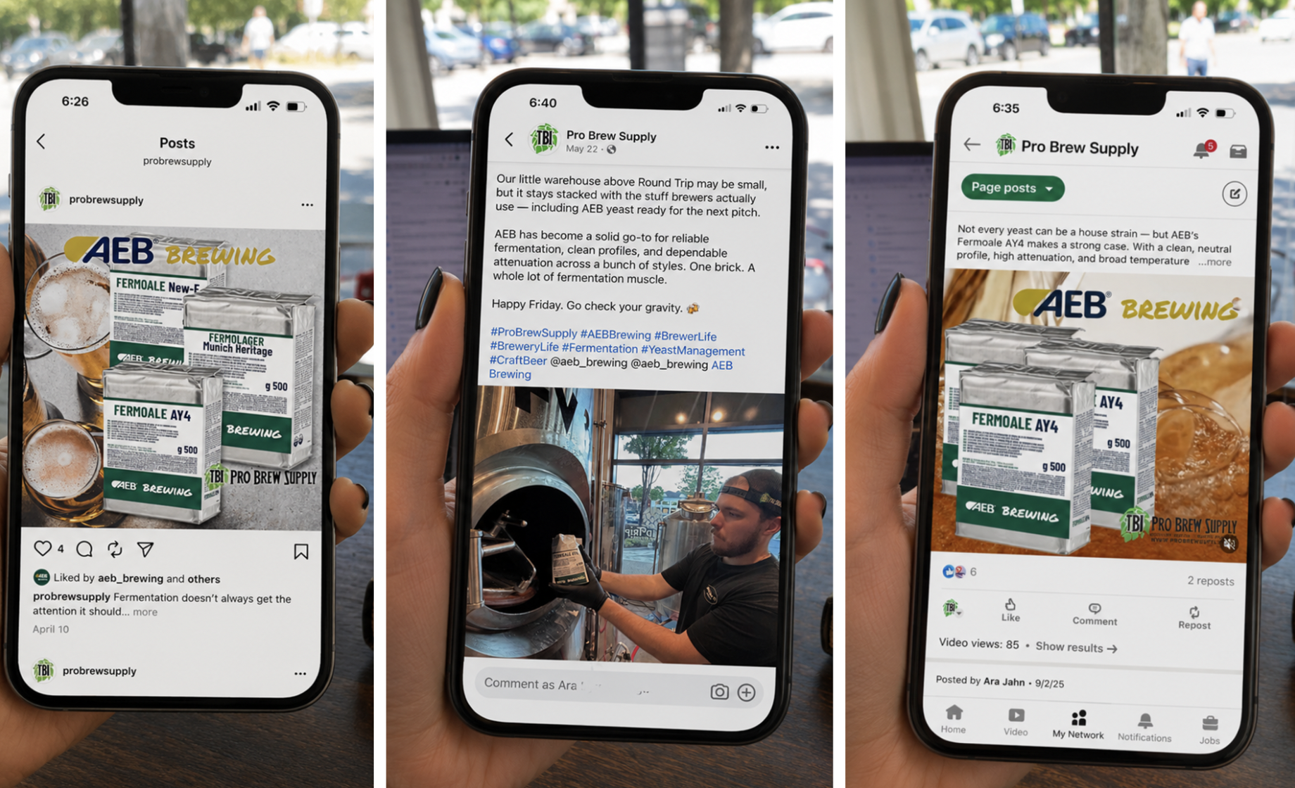 Three smartphones held by a person's hands displaying social media posts from Pro Brew Supply, involving beer brewing supplies, fermentation process, and brewery-related content, with a background of a parking lot and trees.