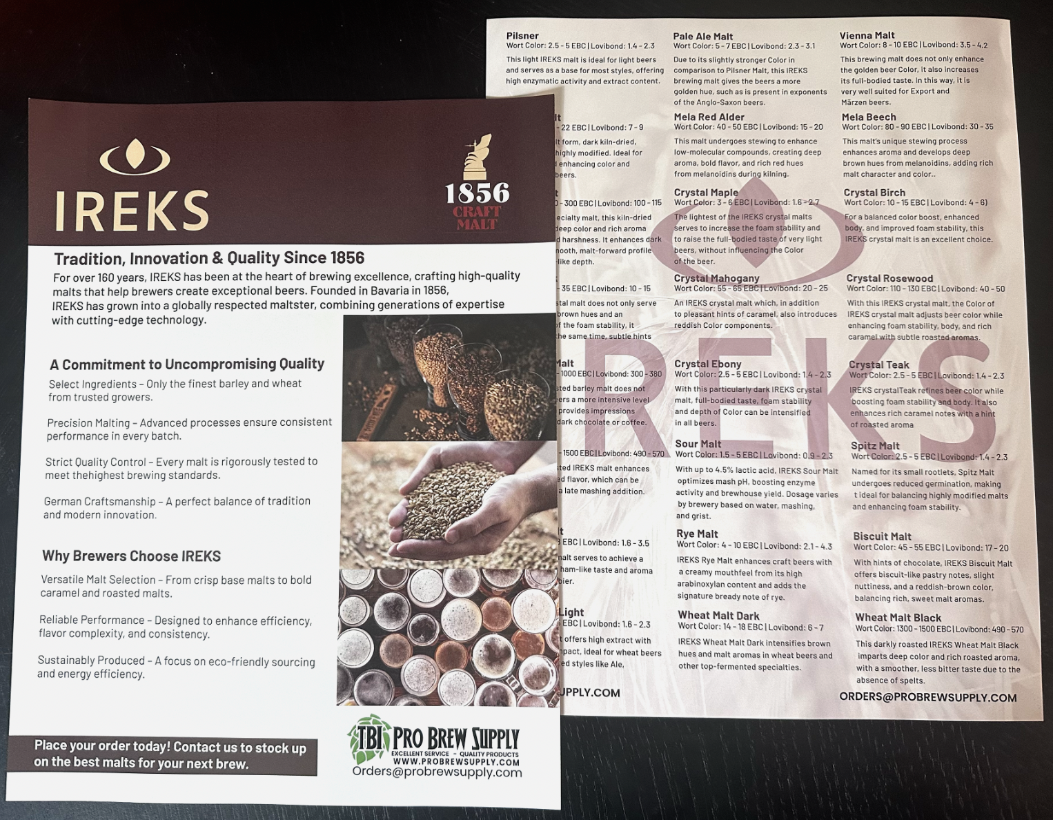 A printed informational flyer from IREKS and Pro Brew Supply describing their craft malt products, brewing standards, and reasons to choose IREKS malts, with images of malt grains and brewing ingredients, and contact information at the bottom.