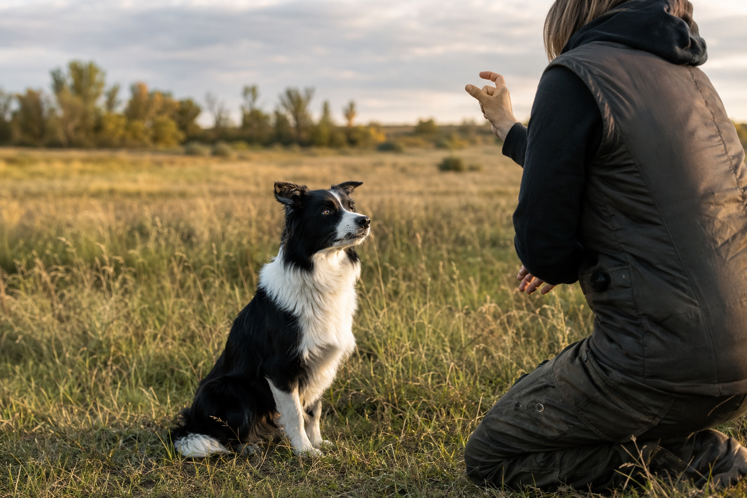 A dog working attentively with a trainer in a country field.