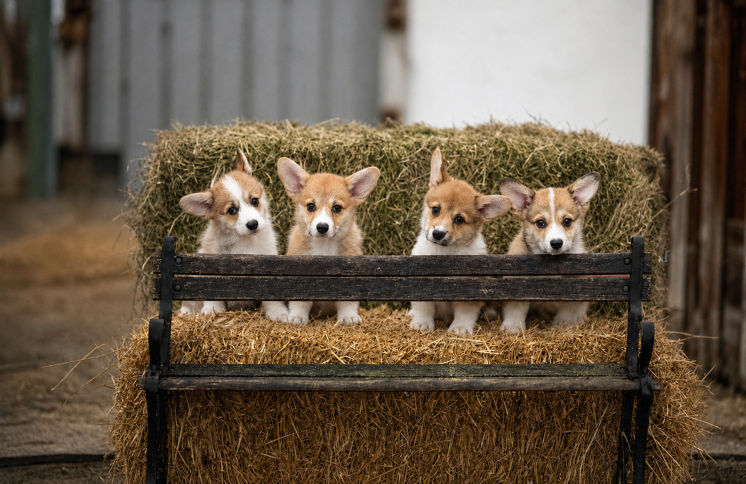 A professional portrait of four corgi puppies at the farm.