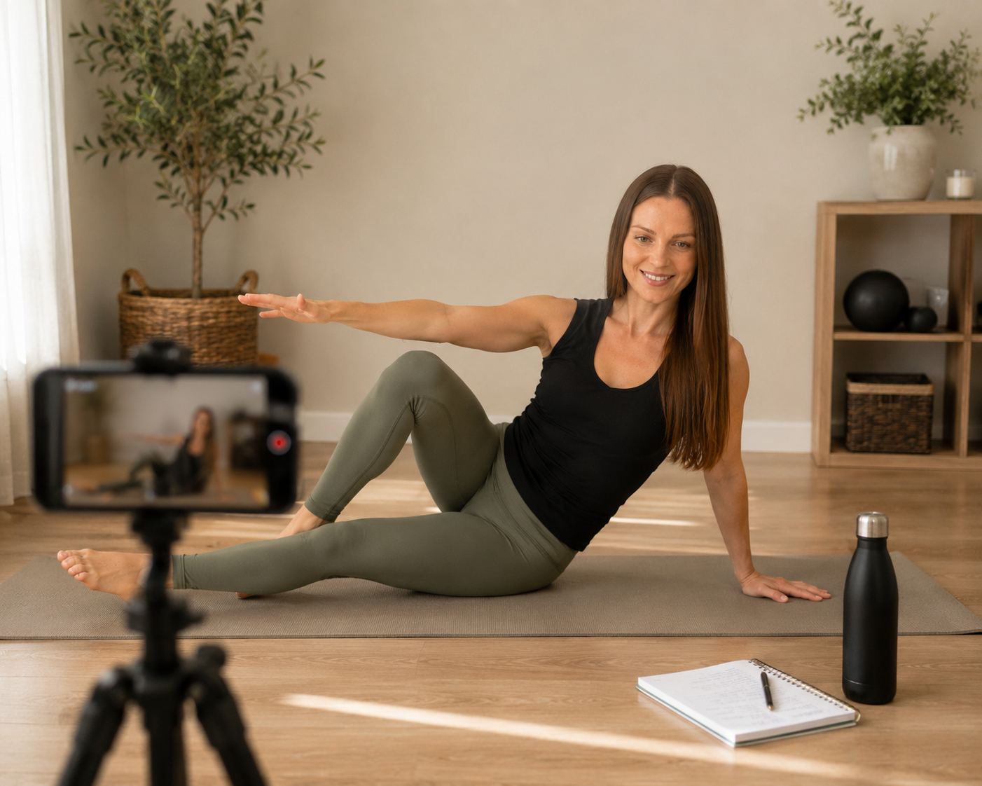 Woman recording herself doing a Pilates exercise on a yoga mat in her home, with a notebook, water bottle, and shelves with decor in the background.