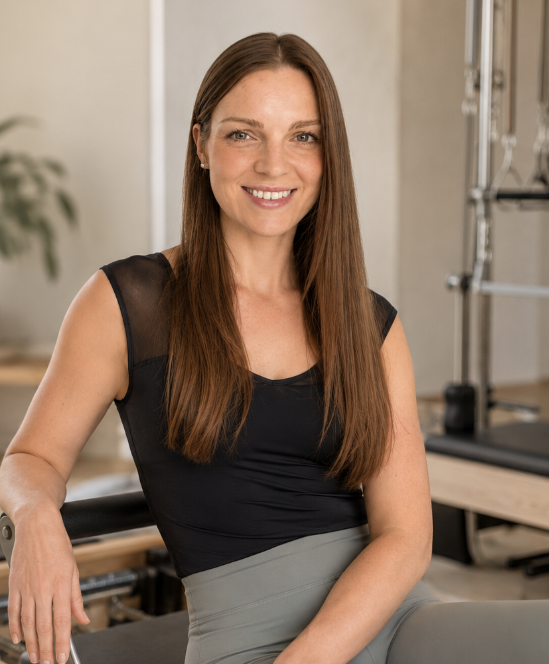 A woman with long brown hair, wearing a black sleeveless top and light gray pants, sitting on a Pilates reformer in a fitness studio, smiling at the camera.