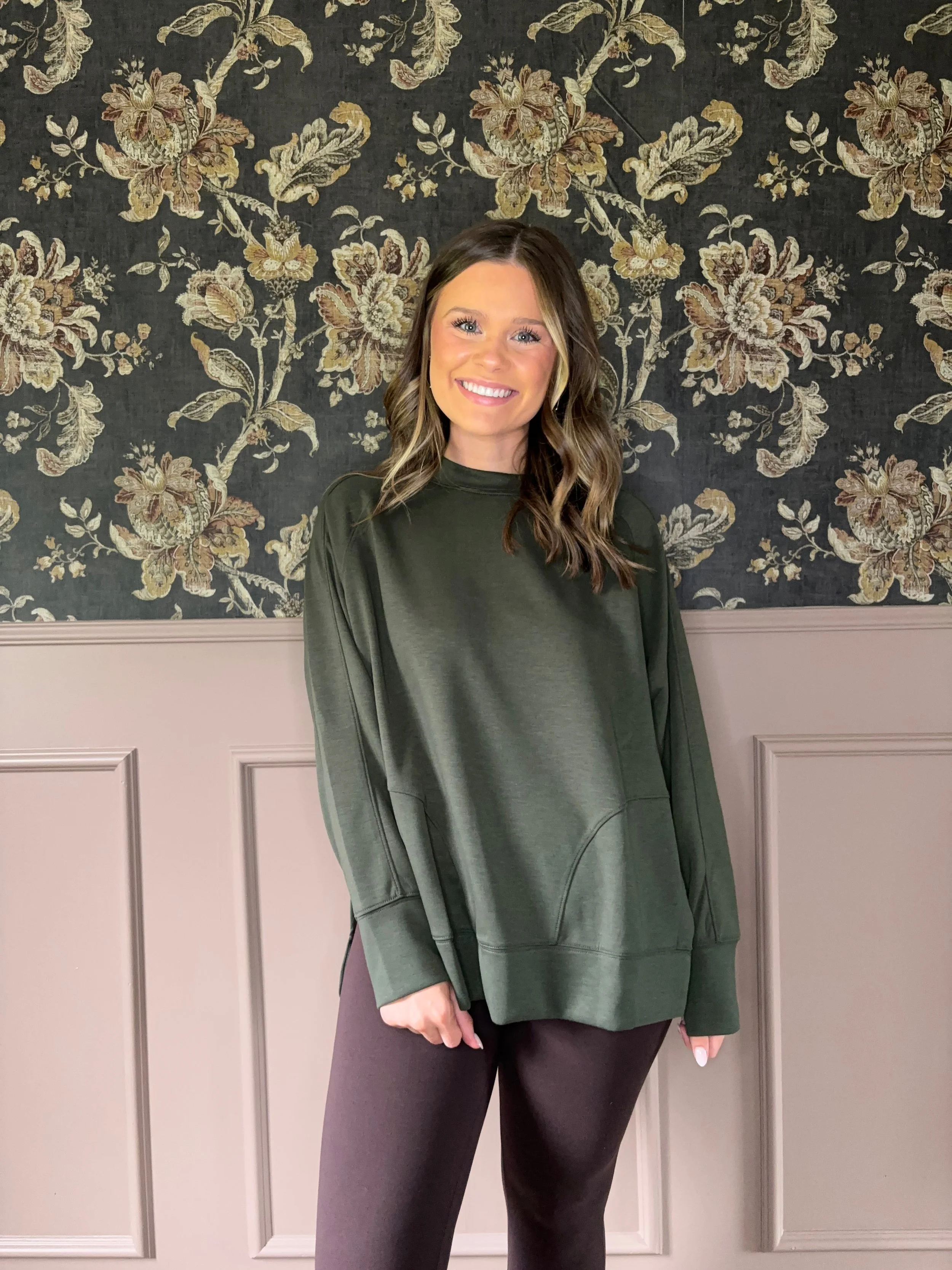 Olive Side Slit Sweatshirt