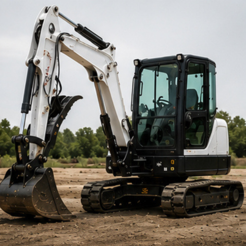 Small construction excavator parked on dirt with a background of trees and cloudy sky.