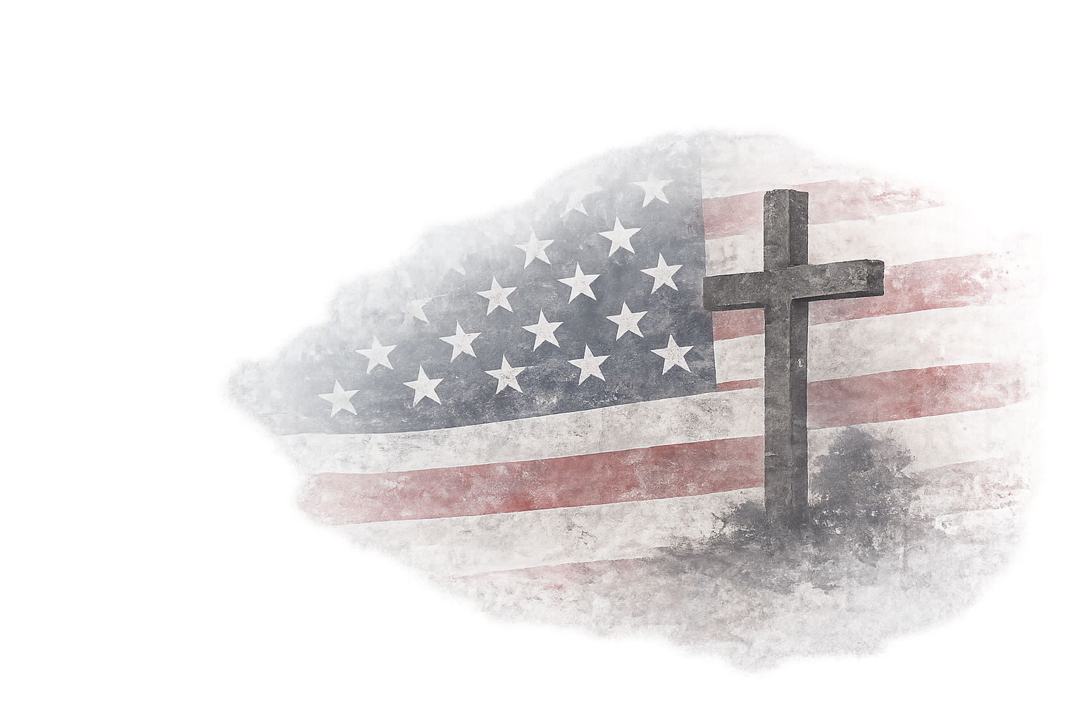 A watercolor illustration of the American flag with a Christian cross superimposed in front of it.