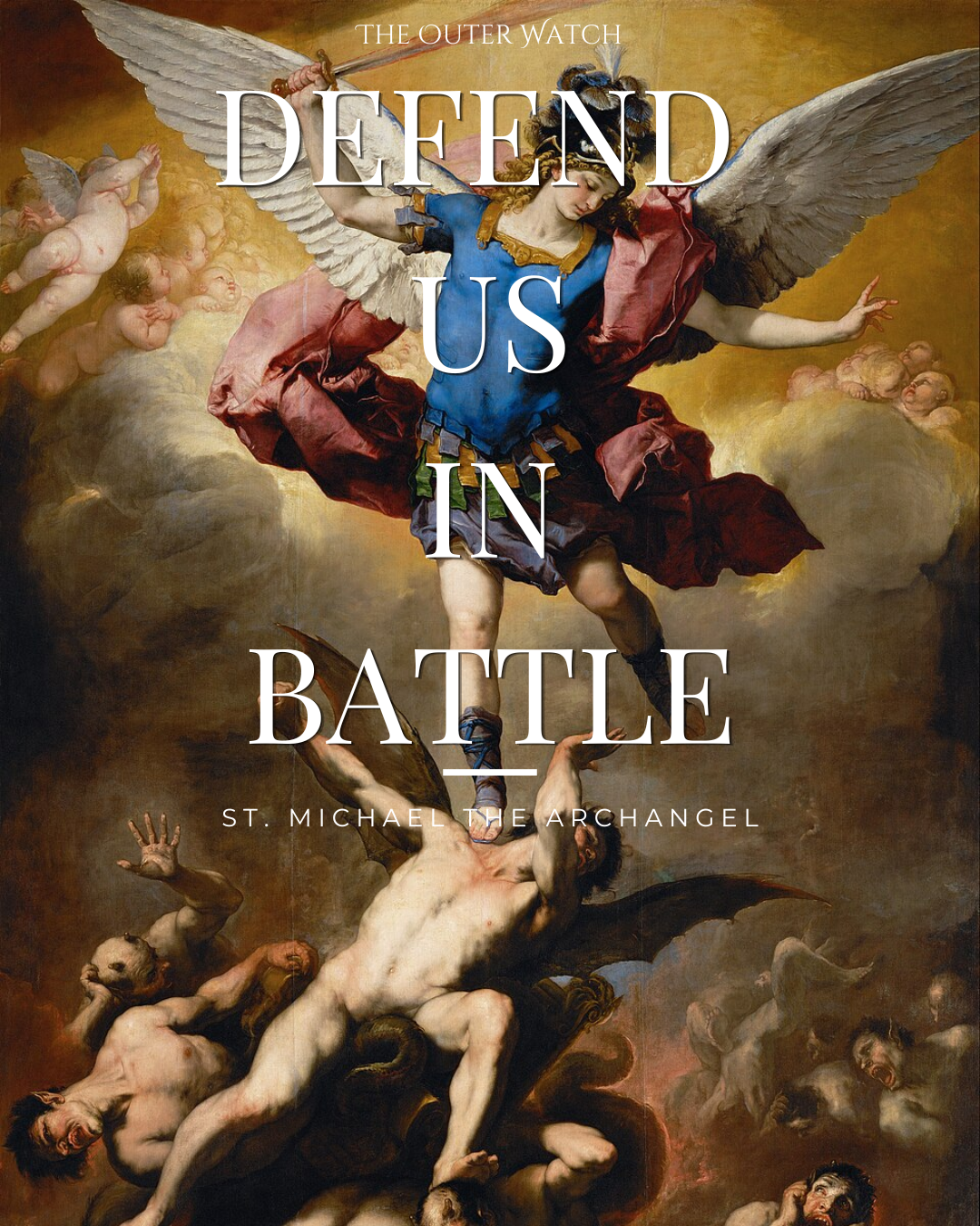 Baroque style painting of the archangel Michael fighting a dragon or demon, with angels in the background, over a cloudy sky.