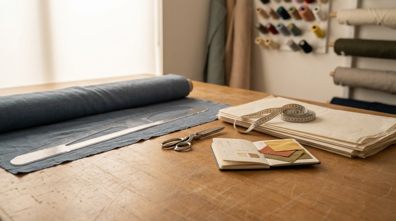 A sewing workspace with fabric, scissors, a measuring tape, pattern paper, and fabric sample swatches on a wooden table. In the background, there is a rack with colorful spools of thread and fabric bolts.