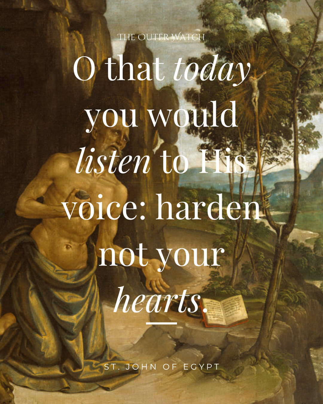 Religious painting of John the Baptist in the wilderness, with a tree, open book, and landscape background.