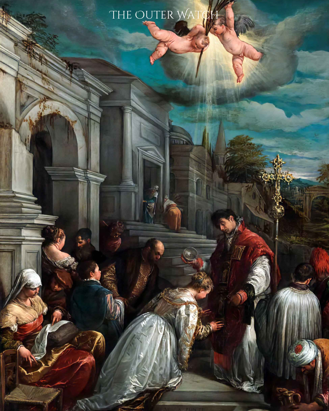 A classical painting depicting a scene with multiple people in elaborate clothing gathered outside a grand marble building. Above them, in the sky, are two cherubs with wings, floating amidst clouds, with one holding a spear and the other with outstr