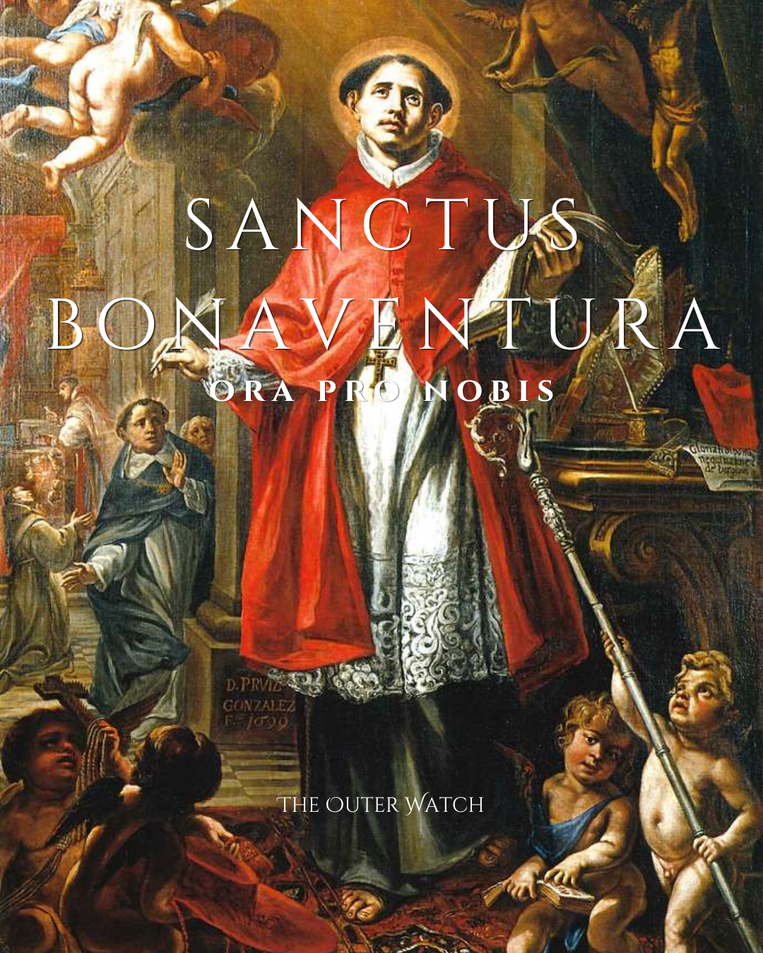Painting of San Francisco de Borja, surrounded by angels and children, with religious symbols and an ornate background.