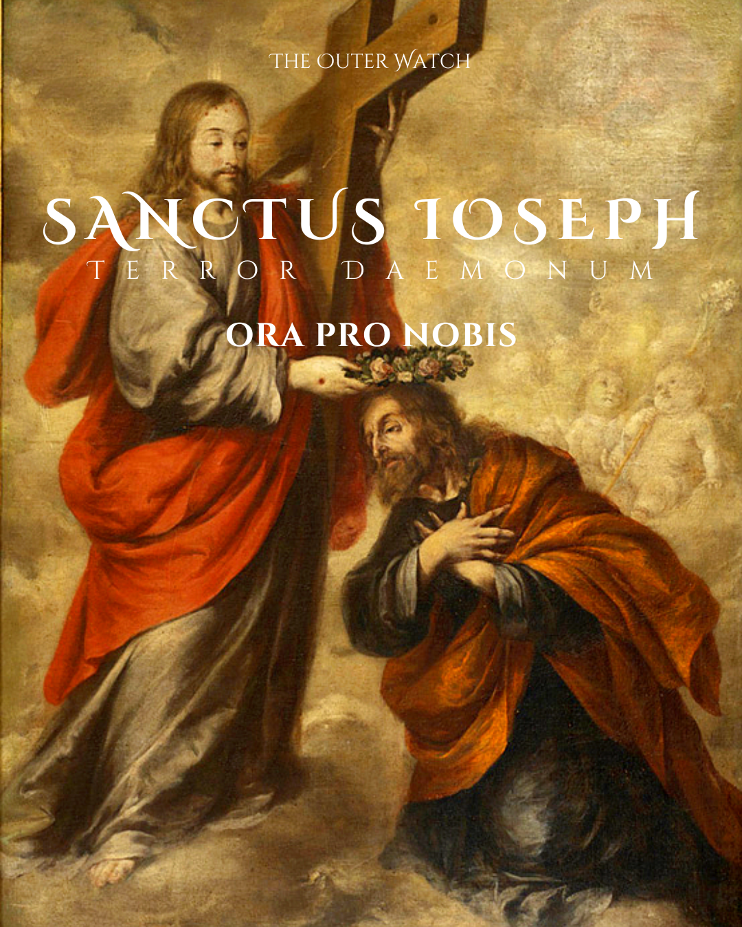 Painting of Jesus Christ with a crown of flowers offering a cross to a kneeling man with a beard, in a Baroque style.