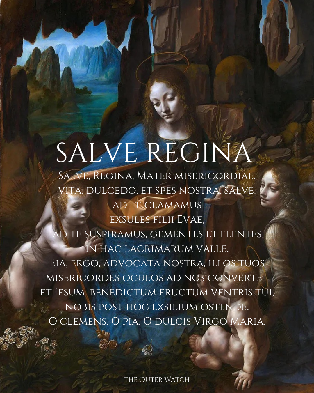 A religious painting of Madonna and Child with angels in a mountainous landscape background, overlaid with the Latin prayer Salve Regina in white text.