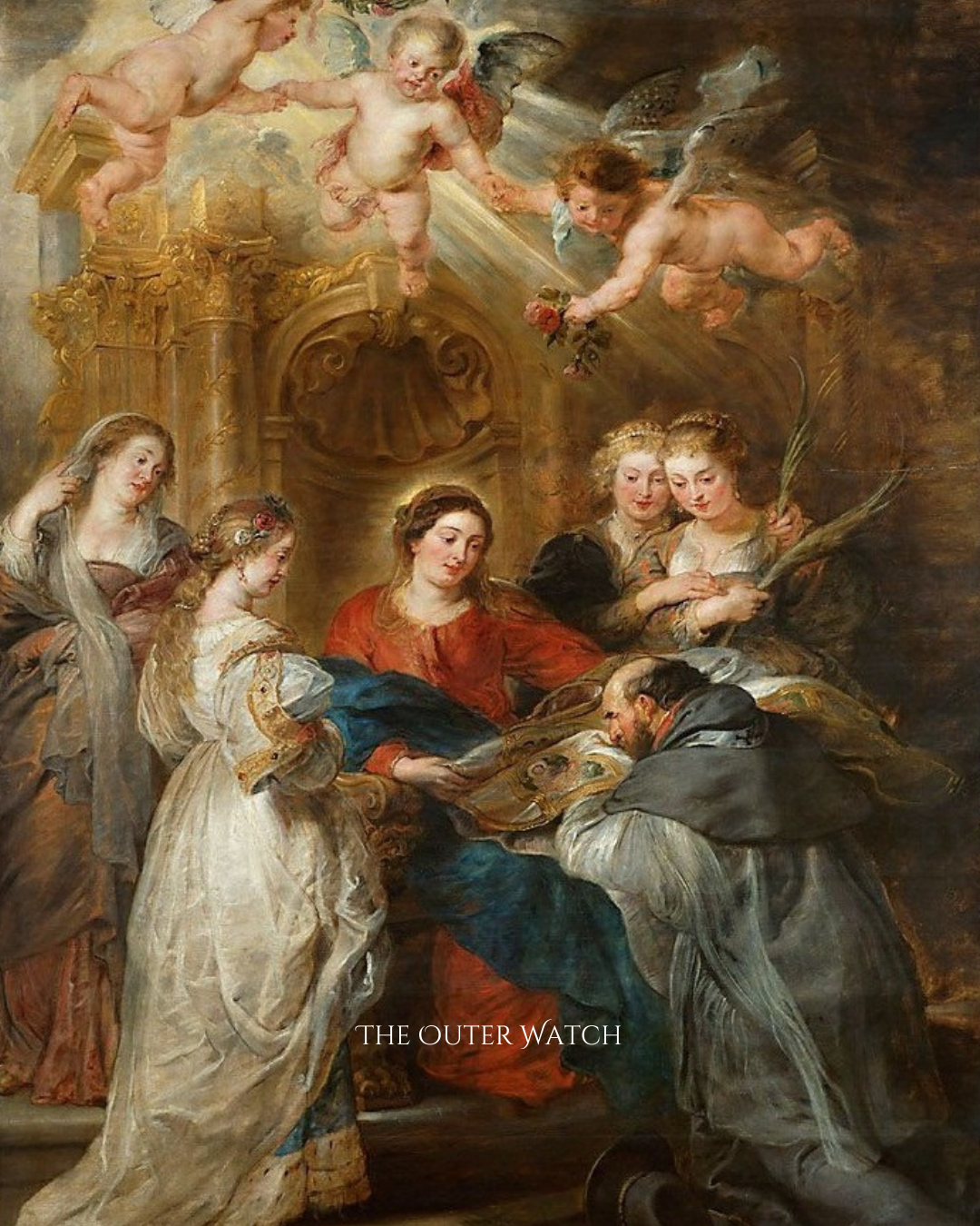 A Baroque style painting depicts a woman seated in the center surrounded by other women, with cherubs floating above them. The scene appears to be a regal or noble setting, with ornate architecture and rich clothing.