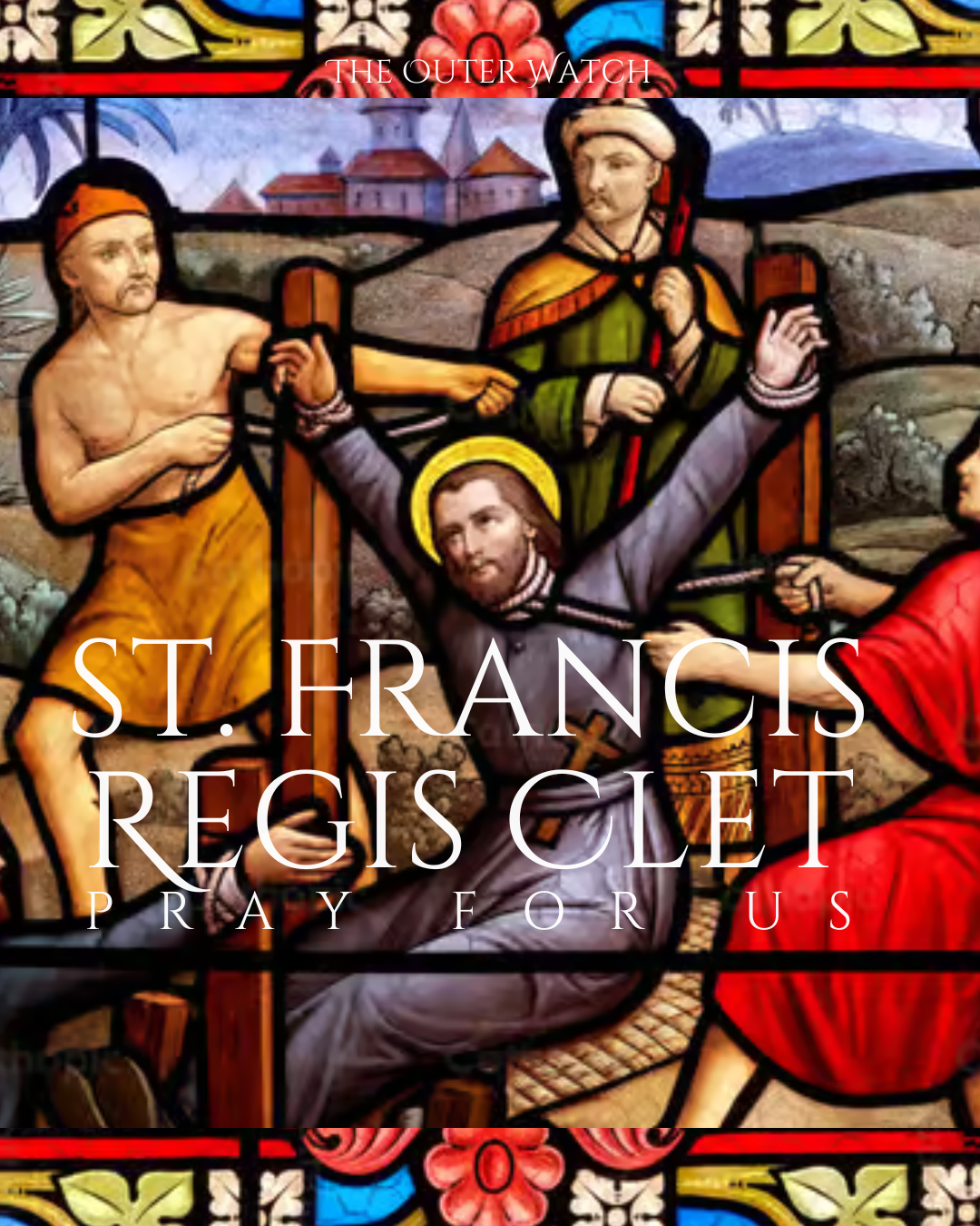 St. Francis of Assisi being crucified, with attendants, in a stained glass window artwork.