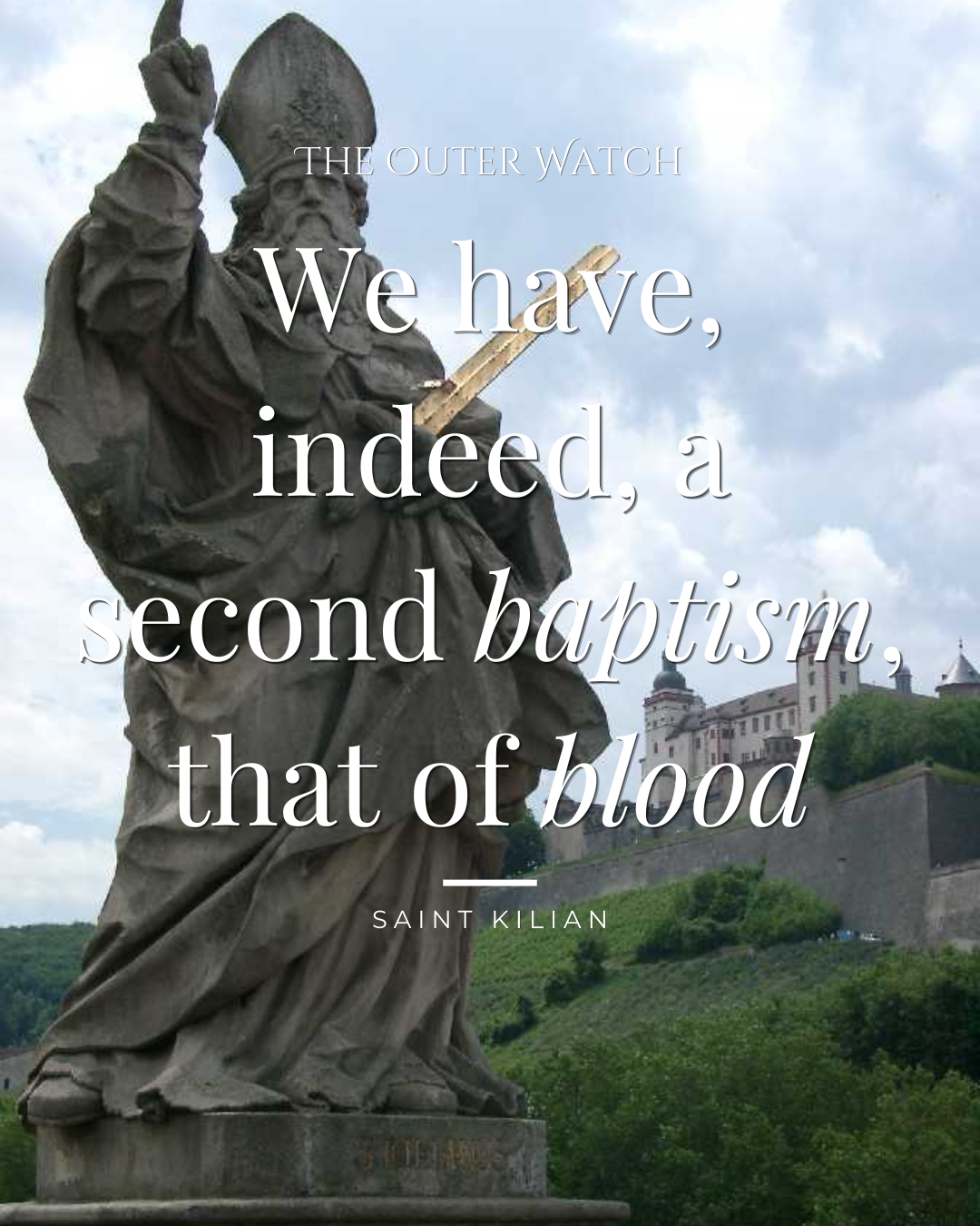 Statue of Saint Kilian with a bishop's mitre and robes, holding a wooden staff, against a background of a castle on a hill and a cloudy sky.