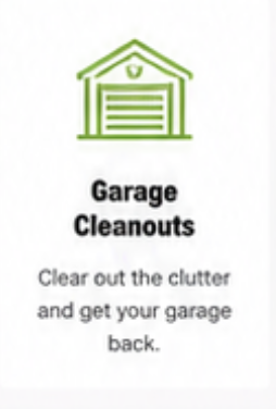 Garage cleanouts flyer with a green house and garage icon, promoting clutter clearing for a clean garage.