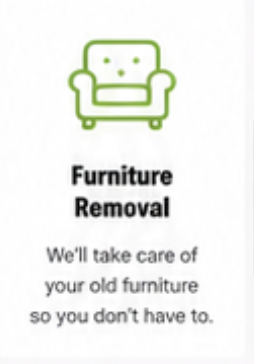 Green line drawing of an armchair with the text 'Furniture Removal' and a message about taking care of old furniture.