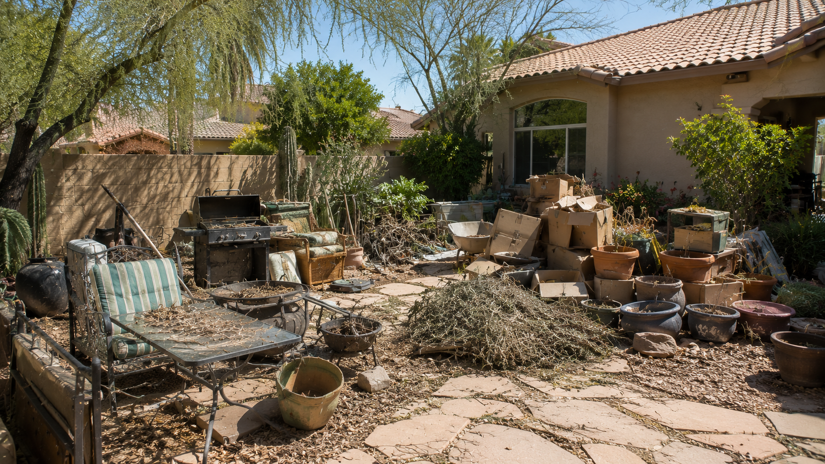 Backyard with patio furniture, potted plants, and a grill covered in fallen leaves, surrounded by a beige wall and desert plants, with a house in the background.