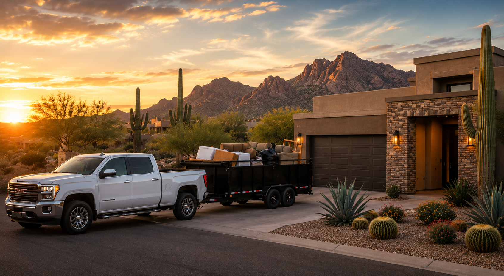 A silver pickup truck with a trailer attached, parked in front of a modern house with desert landscaping, cactus plants, and mountain scenery at sunset.