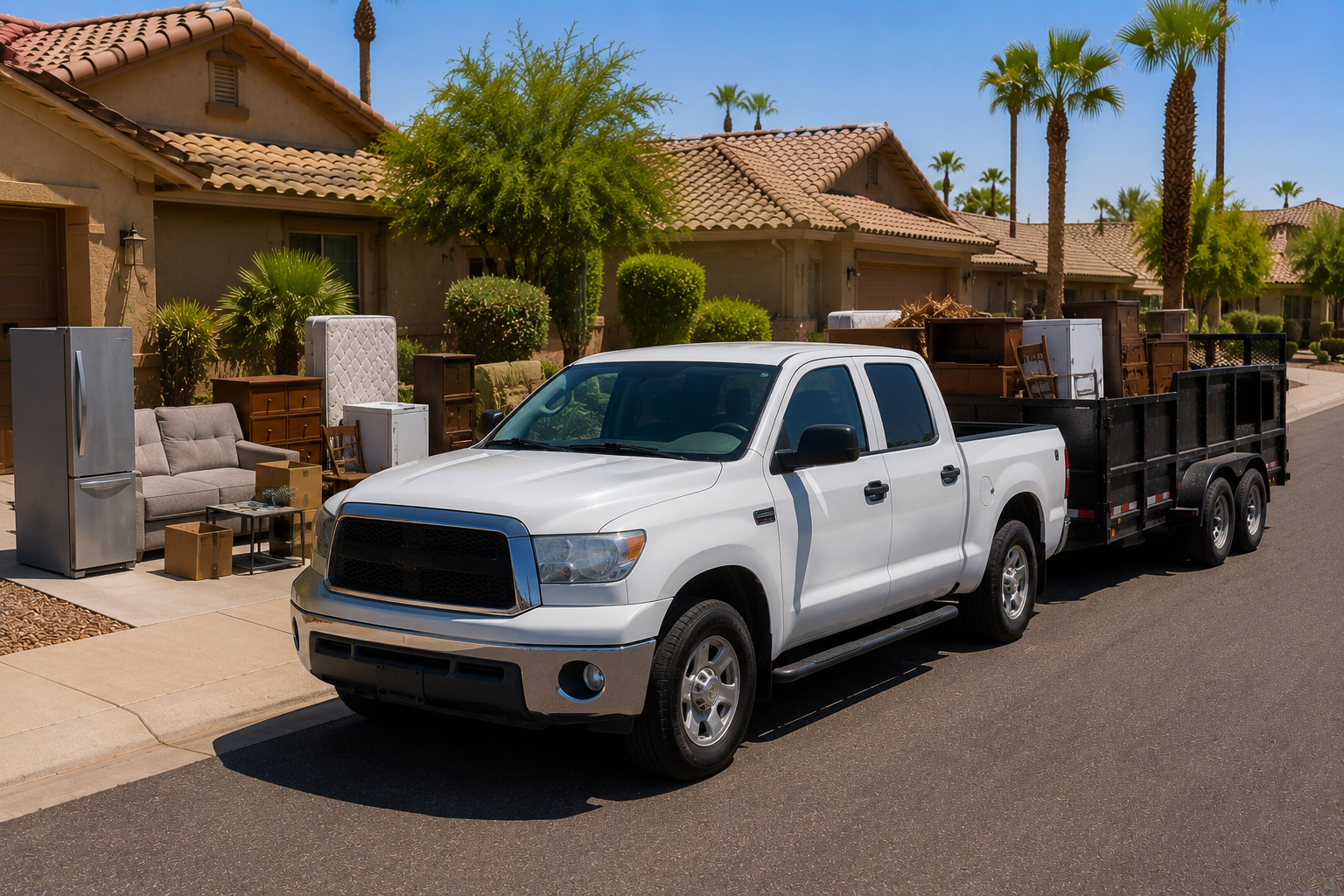 A white pickup truck parked on a suburban street with a trailer loaded with furniture and large household items, including a refrigerator, mattress, chairs, and boxes. Houses with tile roofs and palm trees are in the background.