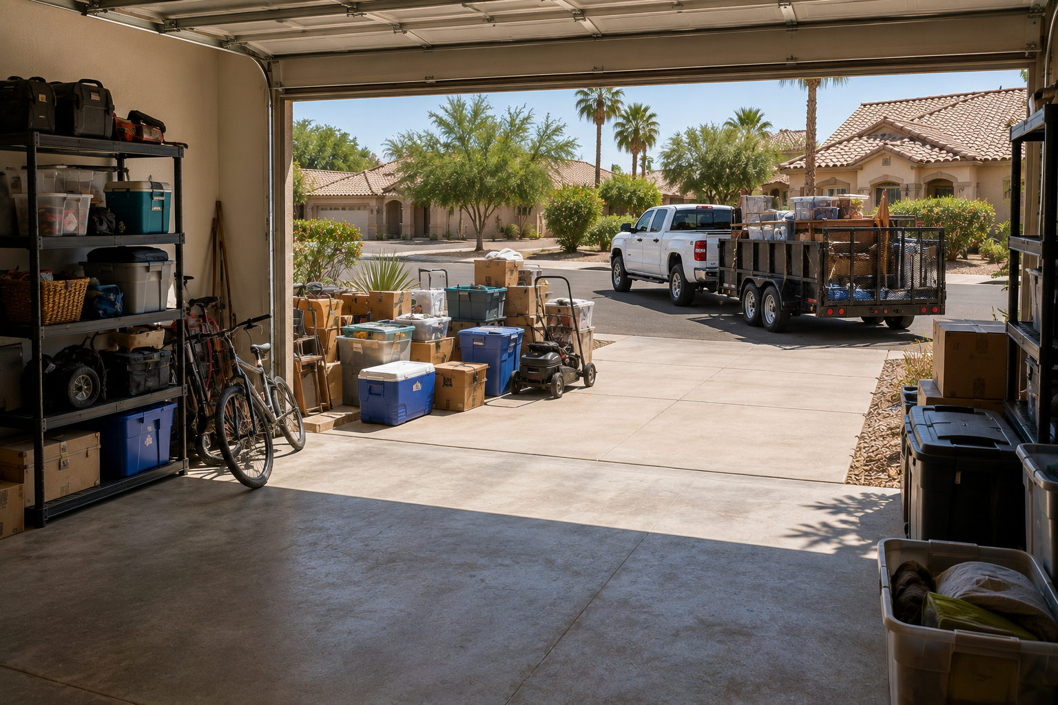 View from inside a garage looking out onto a driveway with moving boxes, tools, and bicycles, with a truck pulling a trailer filled with packed belongings in a suburban neighborhood.