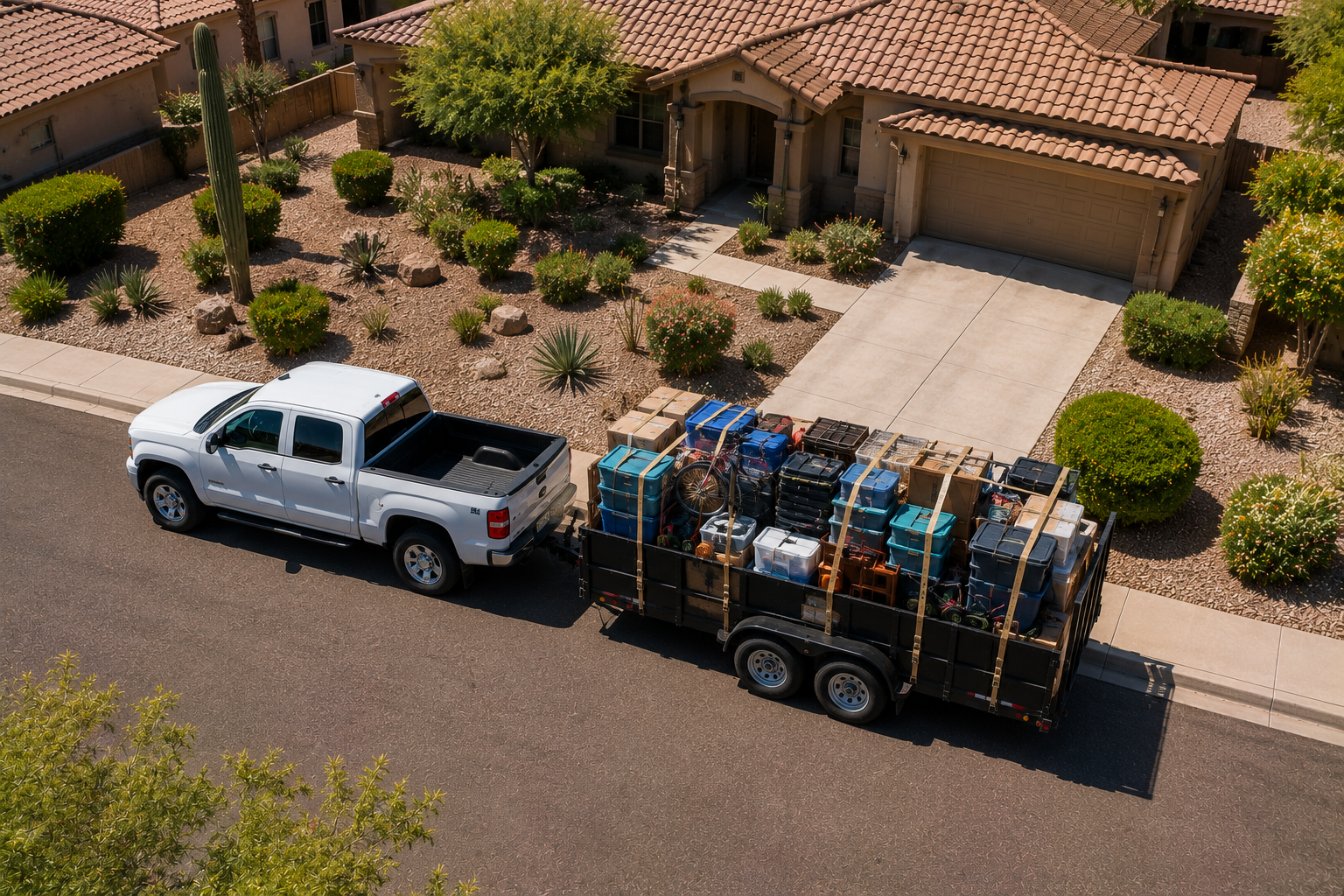 A white pickup truck parked in front of a house, attached to a trailer loaded with boxes, tools, and equipment on a residential street.