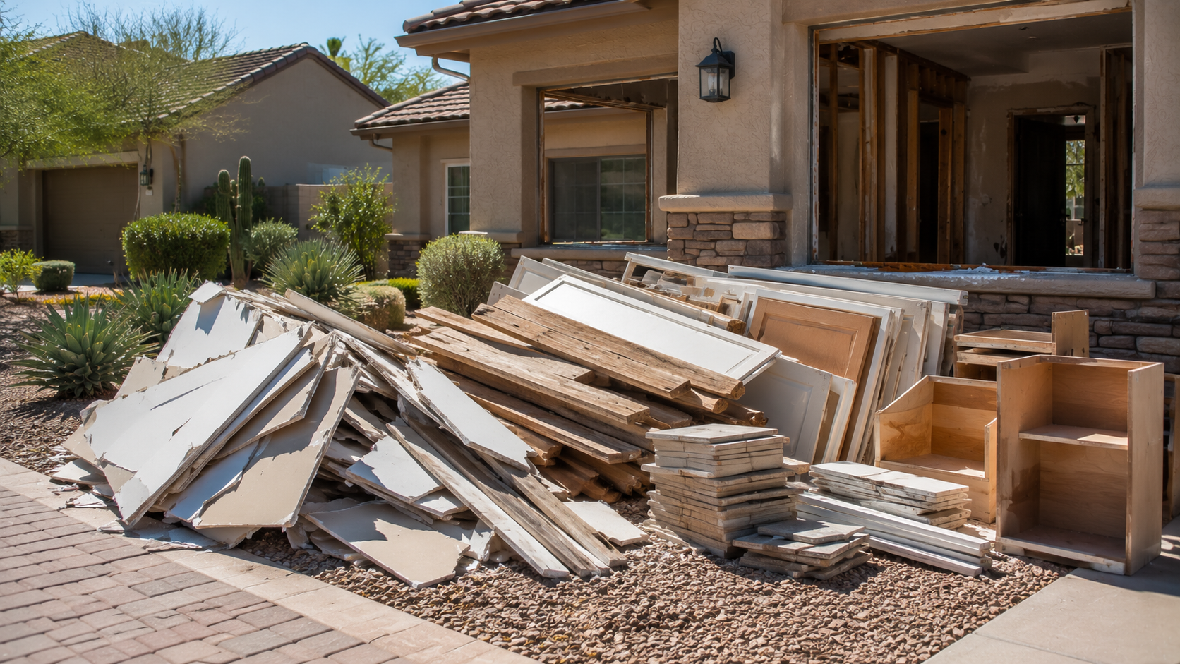 Construction debris including wood, drywall, and furniture parts in front of a house undergoing renovation in a desert landscape.