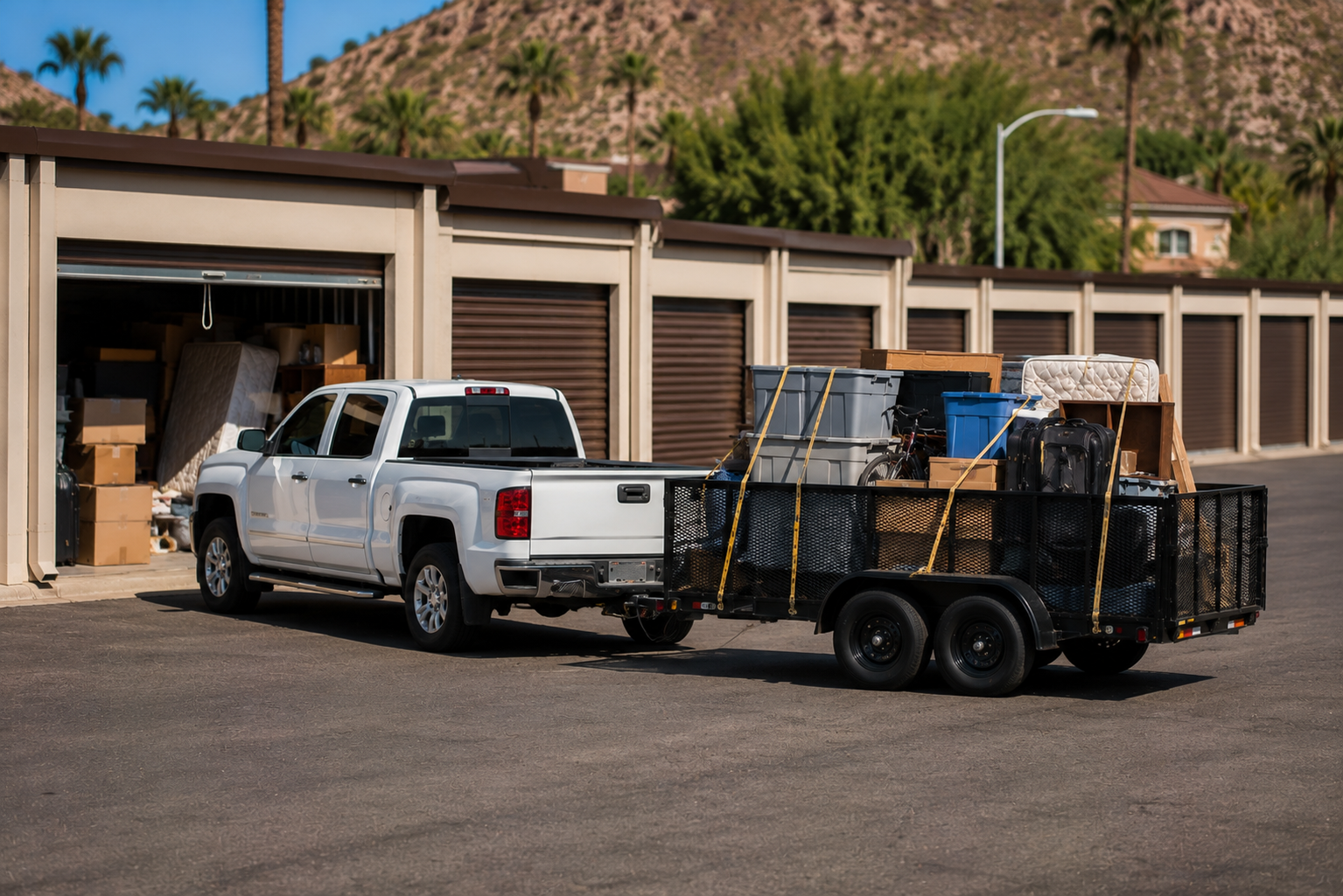 white pickup truck towing a trailer filled with various household items and furniture in a parking lot with storage units and desert hillside in the background.