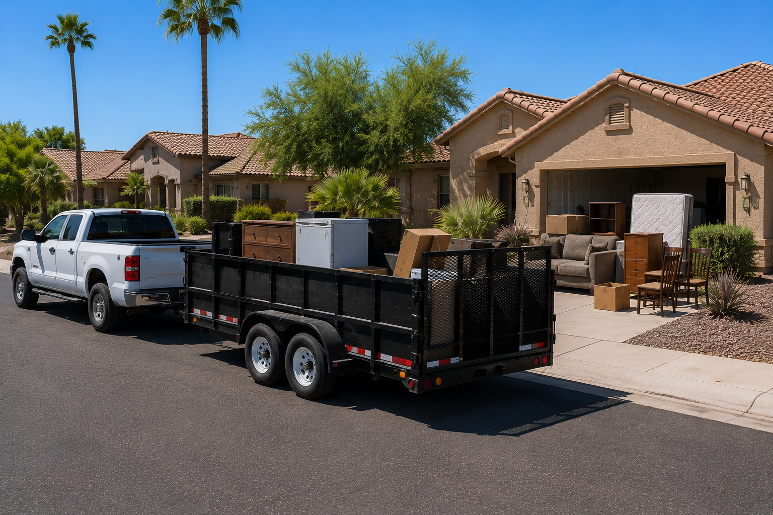 White pickup truck with a black trailer filled with furniture and boxes parked in front of a house with desert landscaping.
