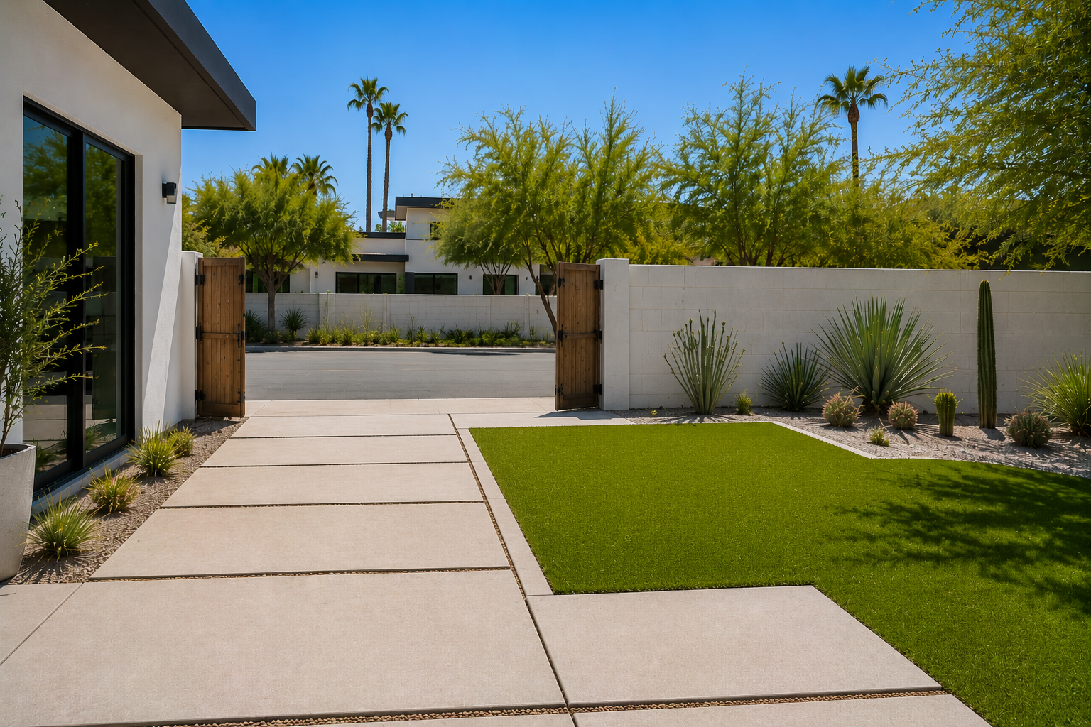 Modern backyard with a concrete patio, green grass lawn, desert plants, and a white wall with wooden gate, under a clear blue sky.