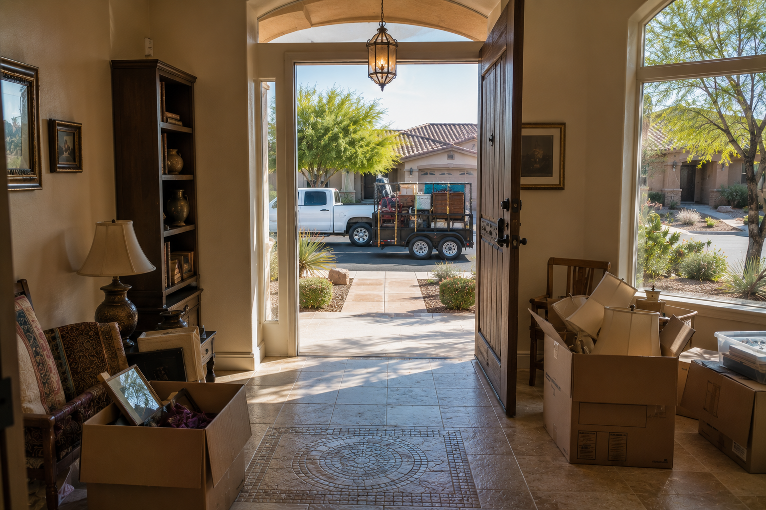 View from a house entrance showing a decorated interior hallway with furniture, lamps, and framed pictures, leading to a porch with a pickup truck and trailer outside, sunny weather, desert landscaping.
