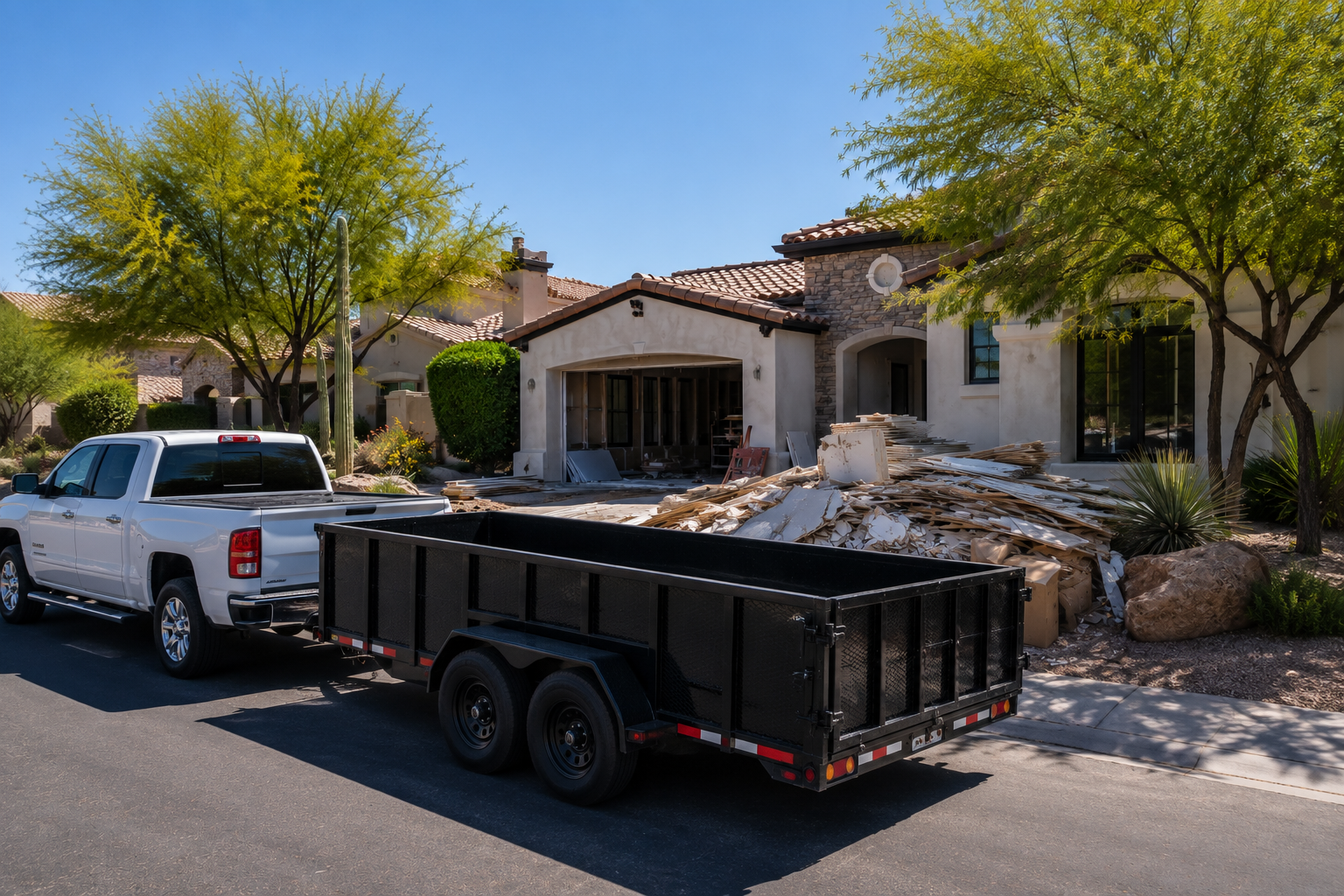 A house under renovation with debris piled in the front yard, a white pickup truck with a black trailer attached parked on the street, and trees with green leaves and a clear blue sky.