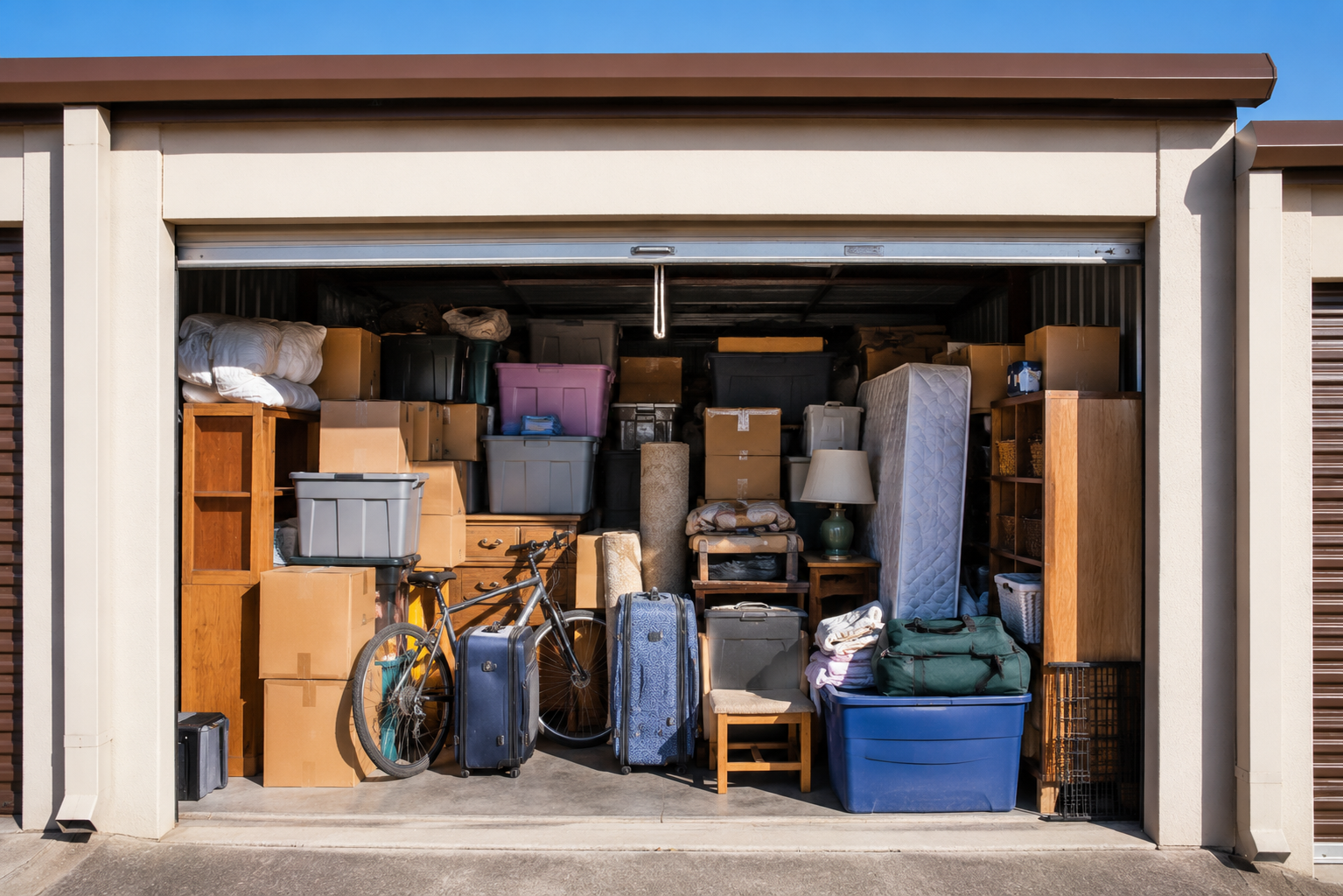Open garage filled with boxes, furniture, a bicycle, and containers.