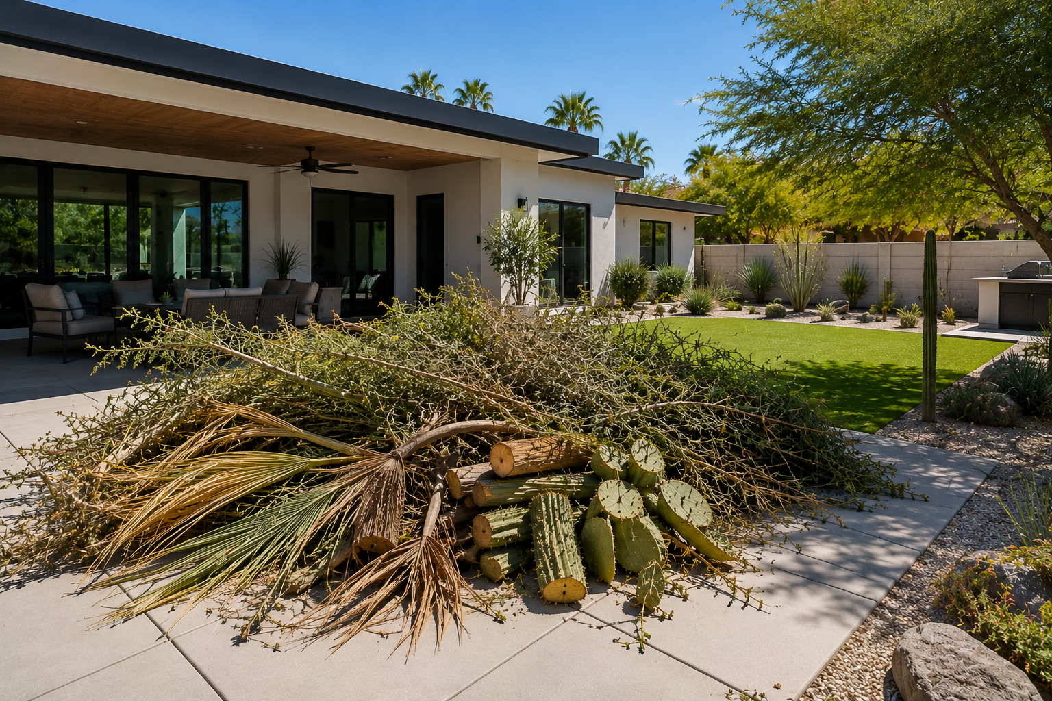 Modern backyard with desert landscape, including cacti, shrubs, and trees, with a lawn area and outdoor seating near a house.