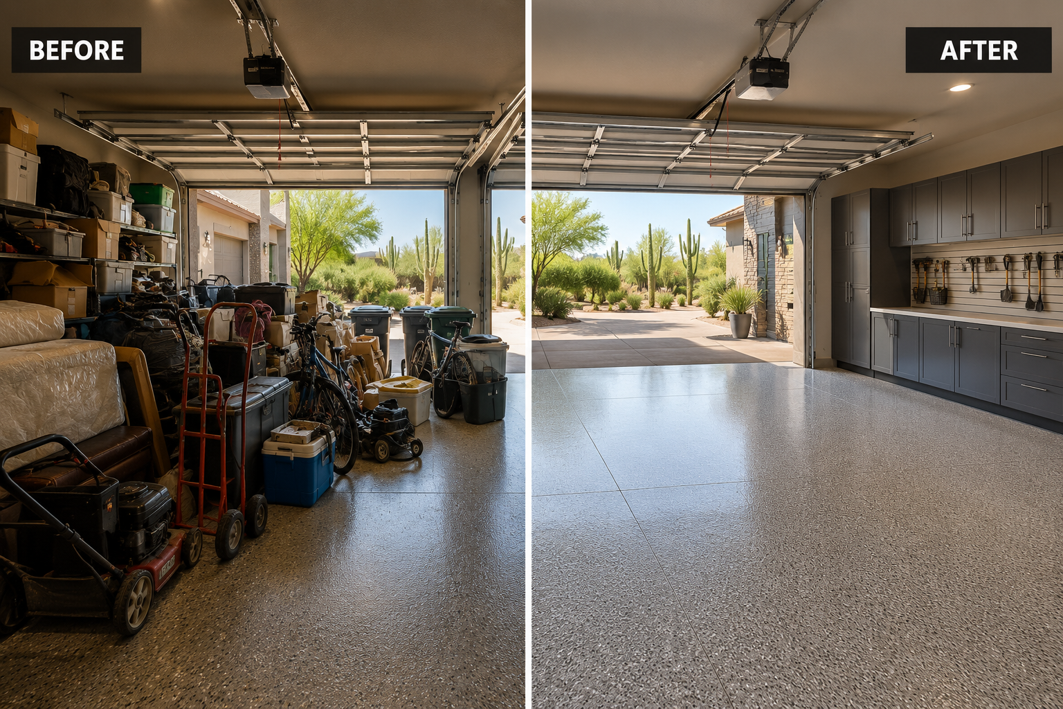 Comparison of a garage before and after cleaning; the cluttered garage on the left side is filled with boxes, bikes, and miscellaneous items, while the cleaned garage on the right side is empty with organized cabinets and tools, and opens to a desert landscape with cacti and greenery outside.