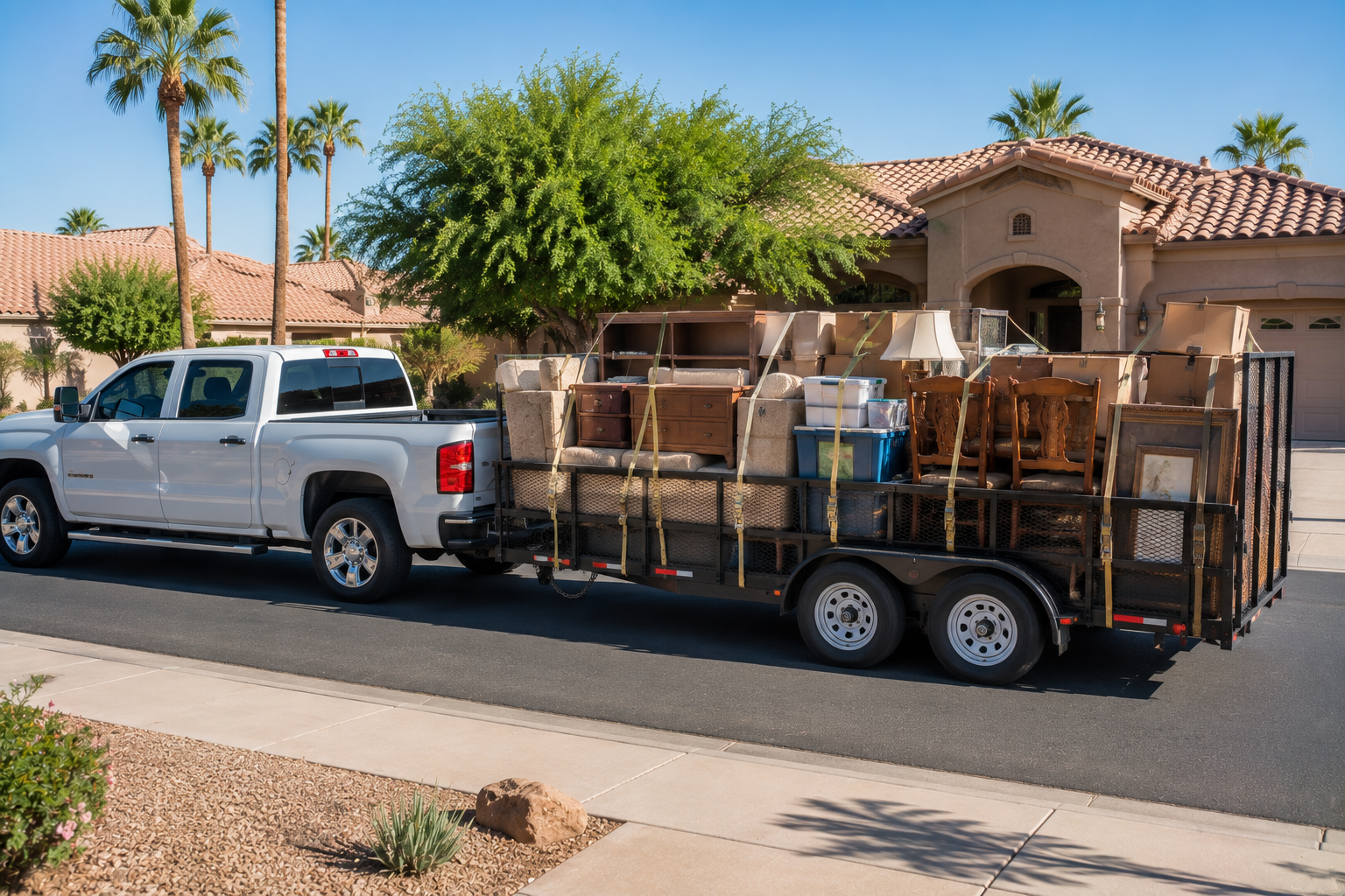 A white pickup truck parked on the street with a loaded trailer carrying furniture and boxes in front of a beige house with a tiled roof and palm trees in the background.