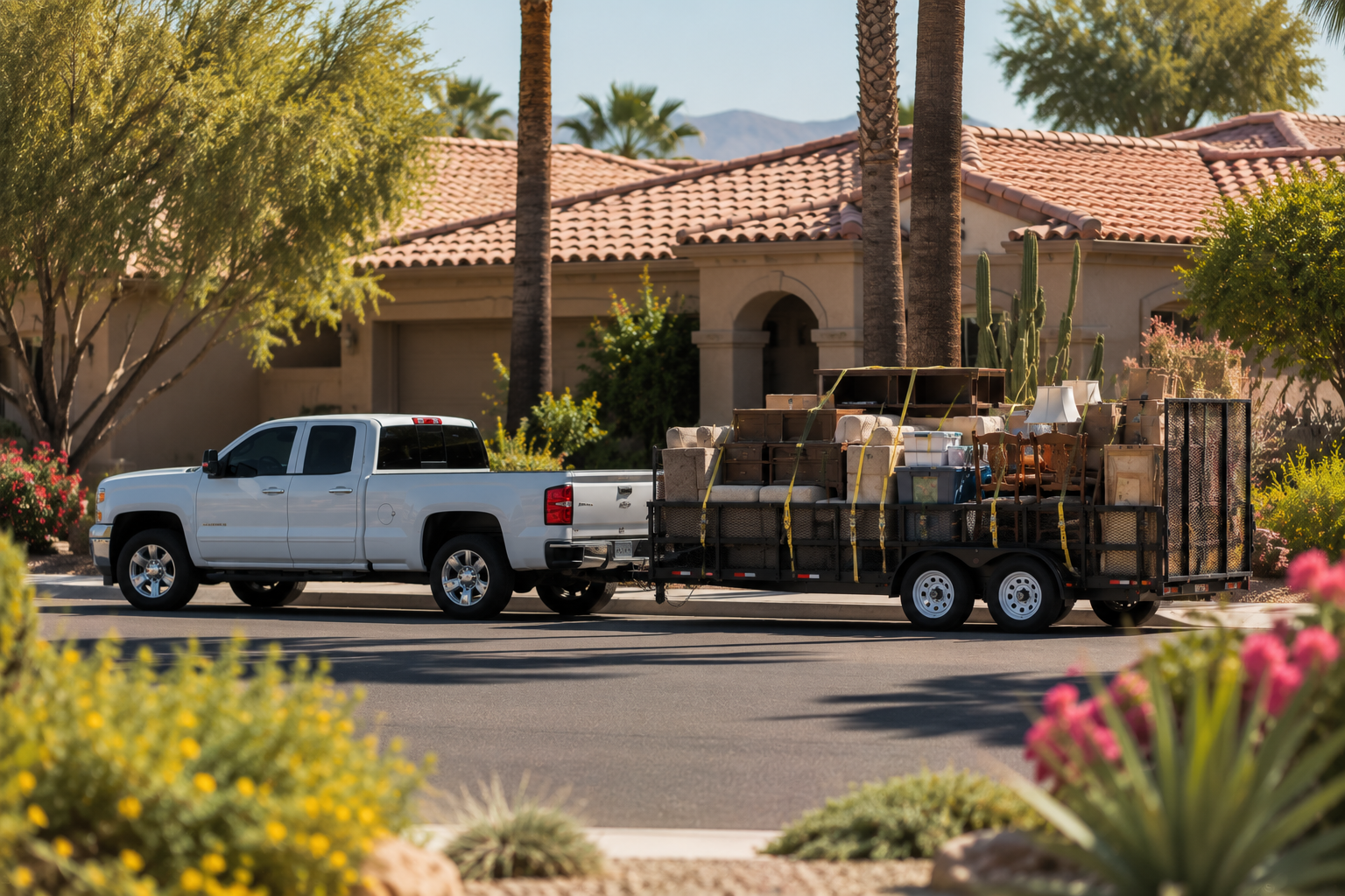 A white pickup truck hauling a trailer filled with household furniture and boxes parked on a residential street with desert landscaping and a house with a tiled roof in the background.